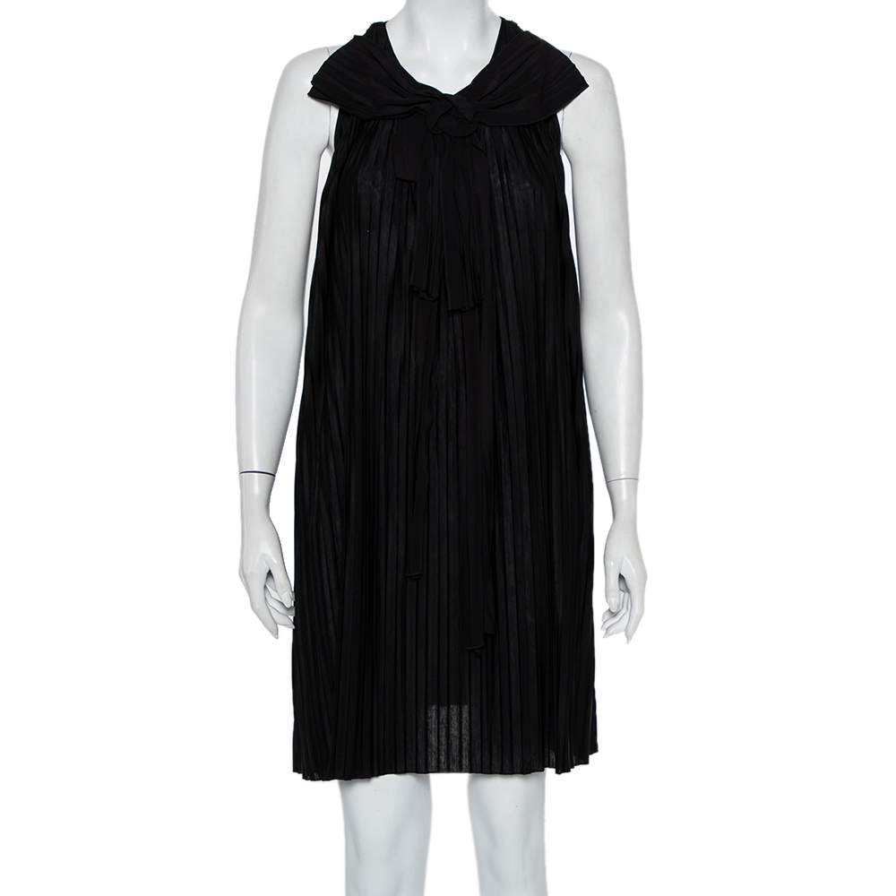 Pre Owned Chloe Black Pleated Silk Bow Detail Flared Noir Dress XS