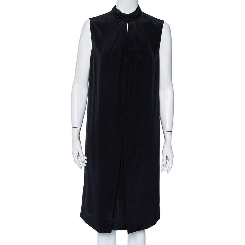 Pre Owned Chloe Black Silk Neck Tie Detail Pleated Sleeveless Shift Dress M