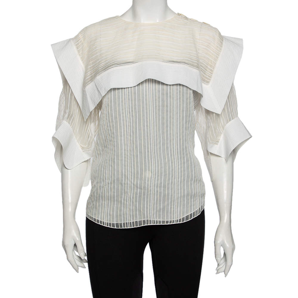 Pre Owned Chloe White Striped Silk & Cotton Overlay Detail Top M
