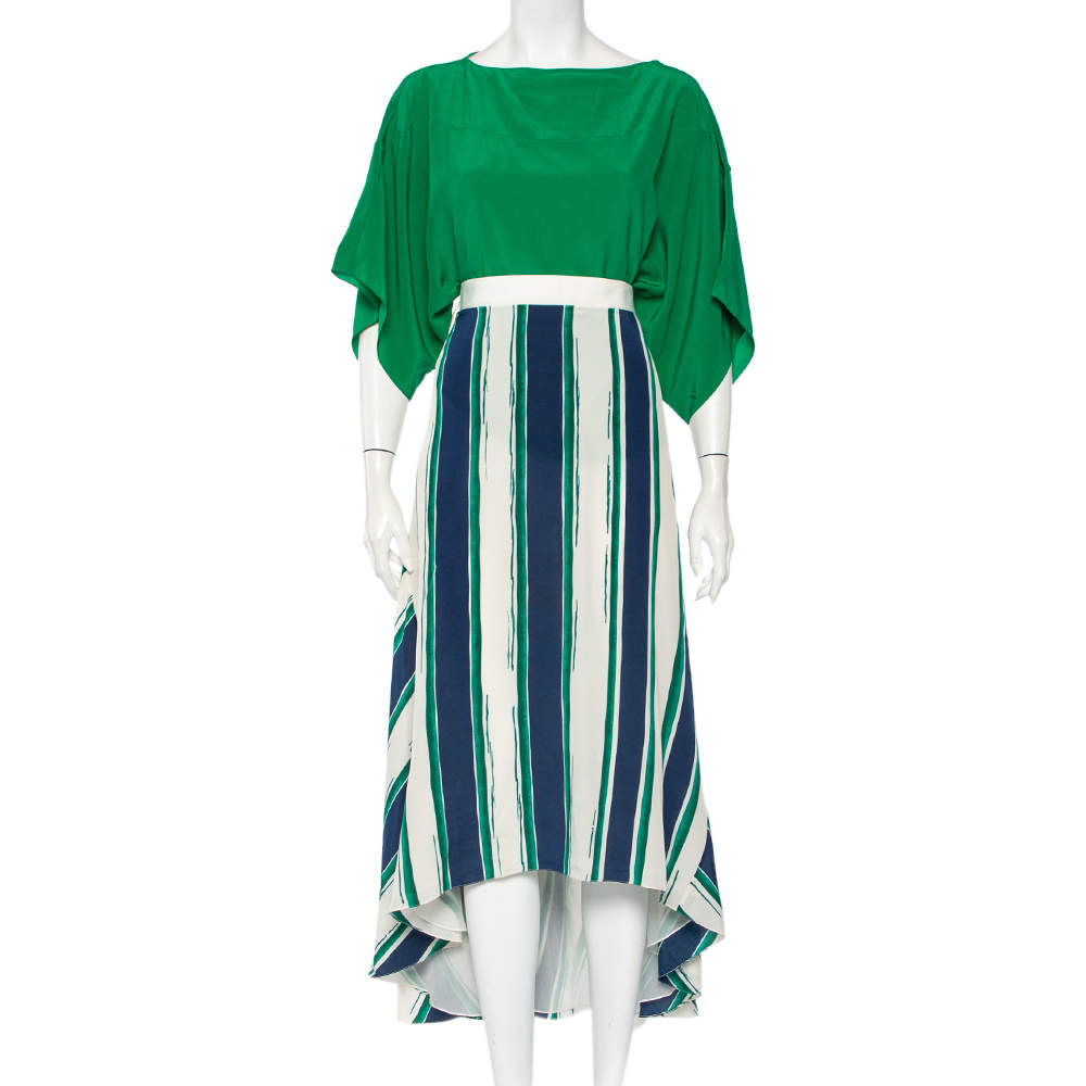 Pre Owned Chloe Green Silk Oversized Top & Striped Asymmetric Hem Skirt S