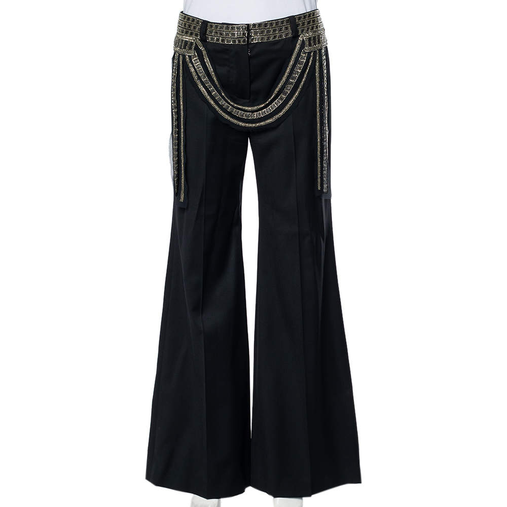Pre Owned Chloe Vintage Black Wool Embellished Waist Detail Wide Leg Pants M