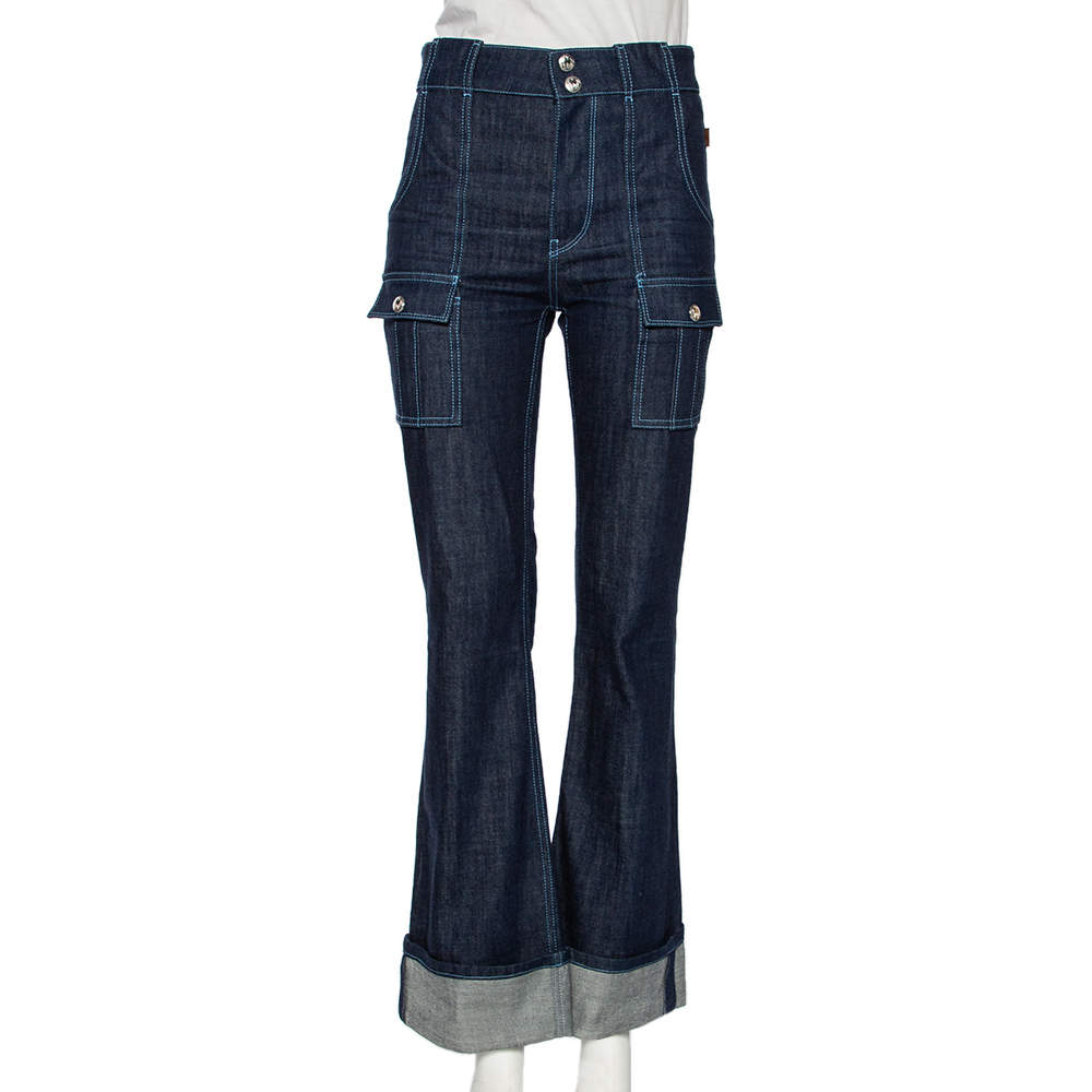 Pre Owned Chloe Indigo Denim Patch Pocket Detail High Waist Jeans S 