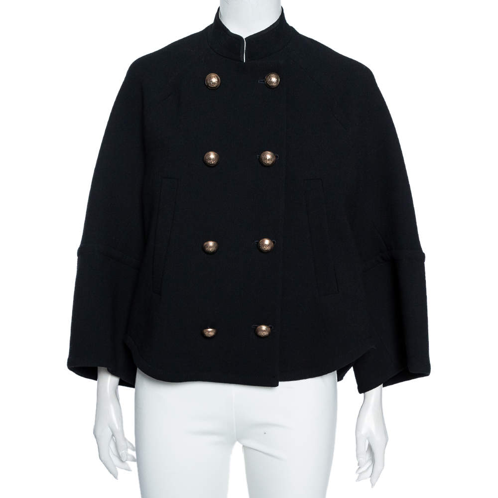 Pre Owned Chloe Black Wool Crepe Mandarin Collared Double Breasted Cape S