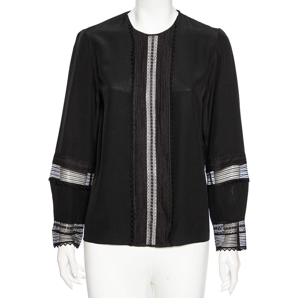 Pre Owned Chloe Black Silk Lace Paneled Long Sleeve Blouse M