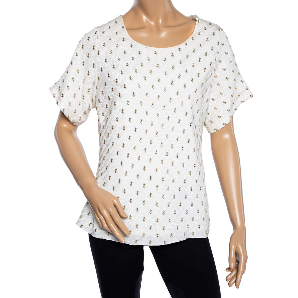 Pre Owned Chloe Cream Textured Silk Round Neck Short Sleeve Top L