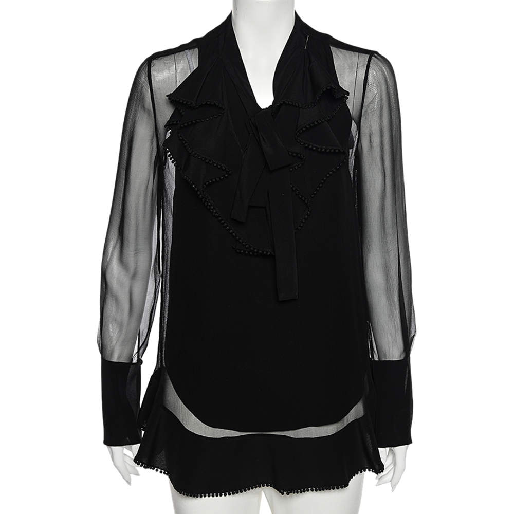 Pre Owned Chloe Black Silk Ruffled Trim Detail Long Sleeve Blouse S