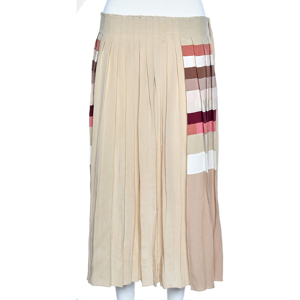Pre Owned Chloe Cream Striped Detail Silk Pleated Midi Skirt M