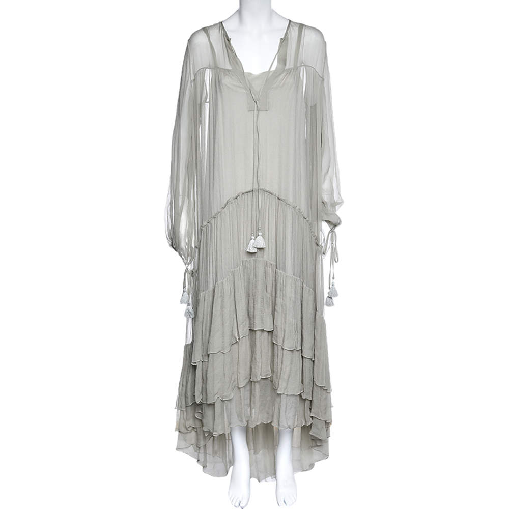 Pre Owned Chloe Grey Chiffon Tiered Maxi Dress L
