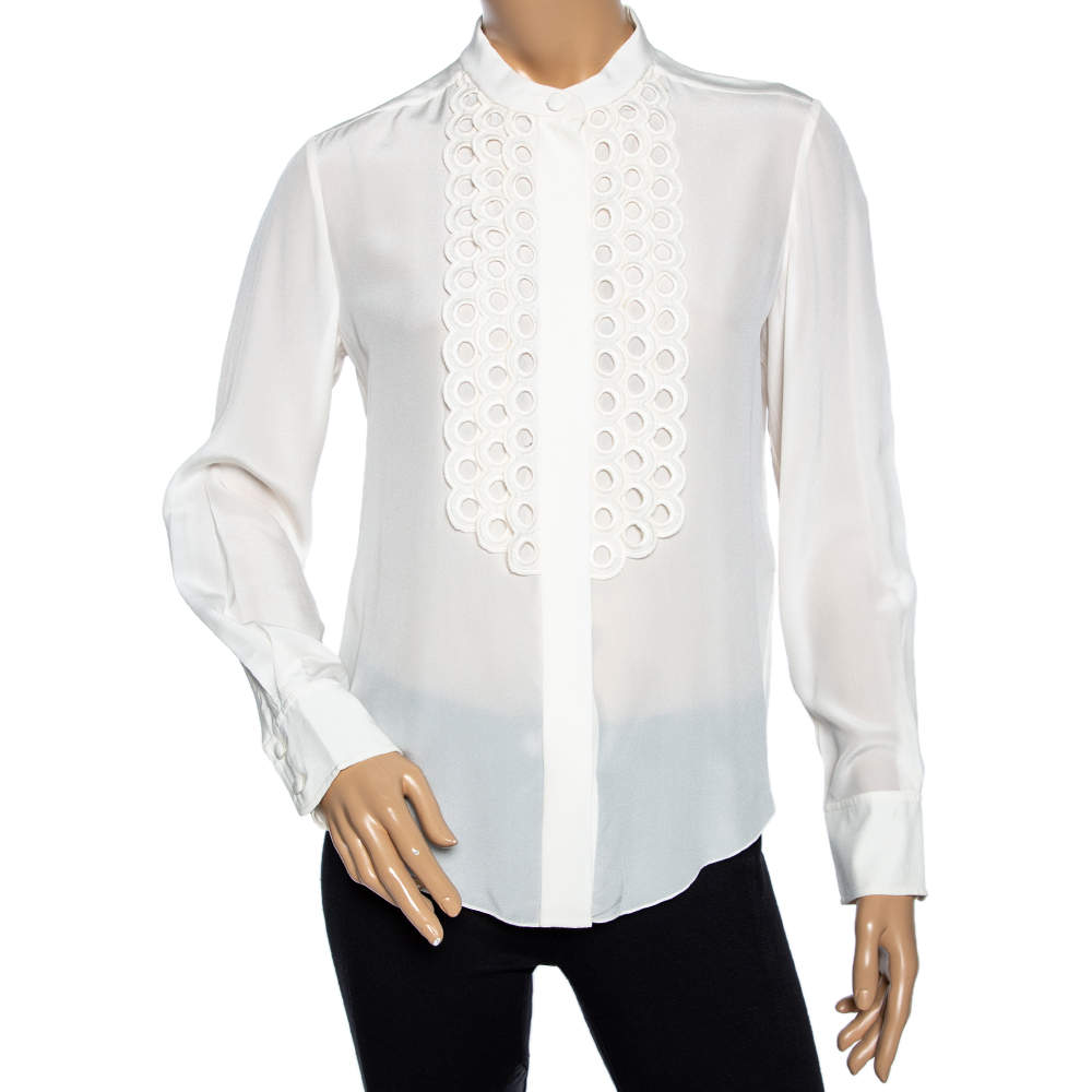 Pre Owned Chloe Cream Silk Eyelet Lace Layered Trim Shirt M