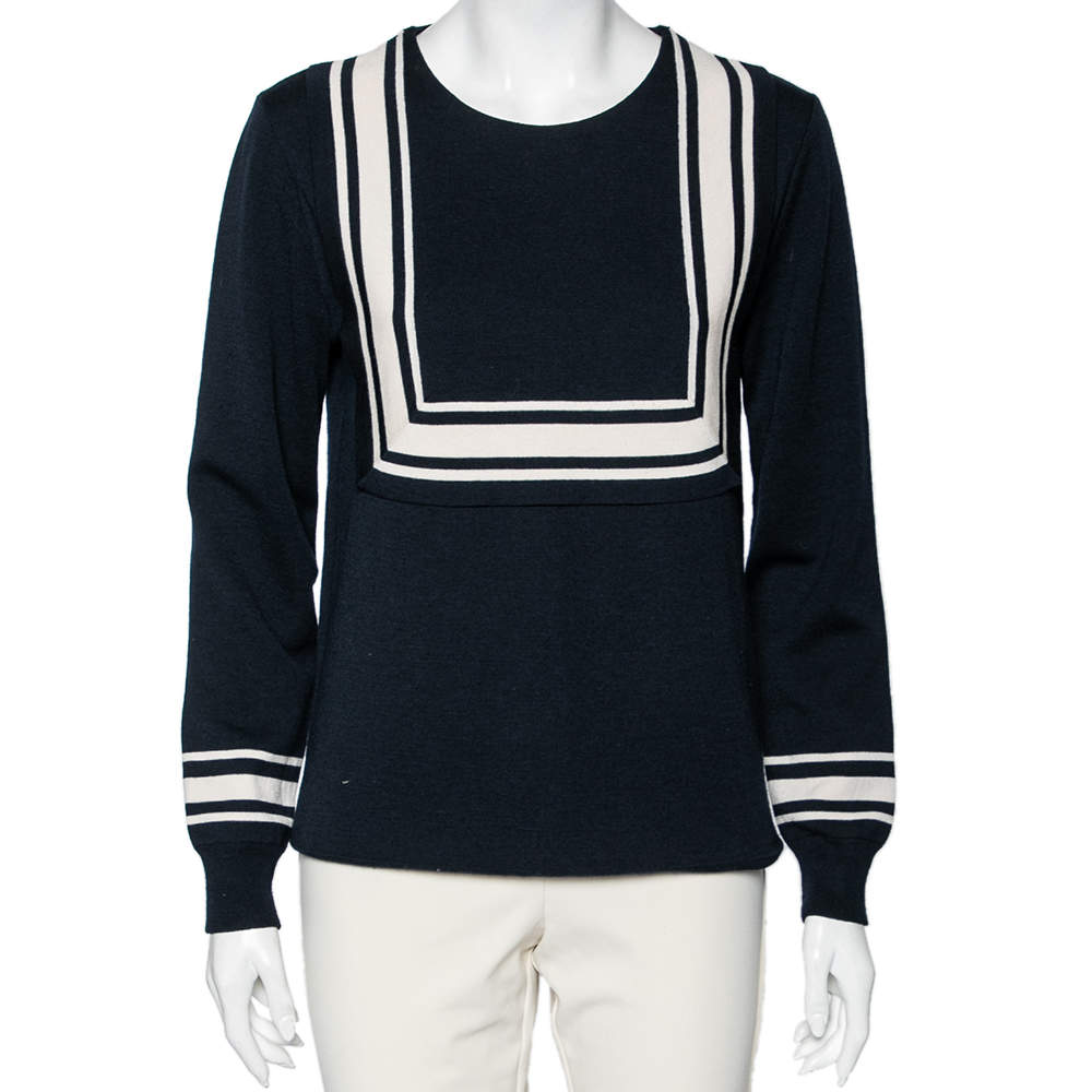 Pre Owned Chloe Navy Blue Wool Milano Sailor Long Sleeve Sweater L