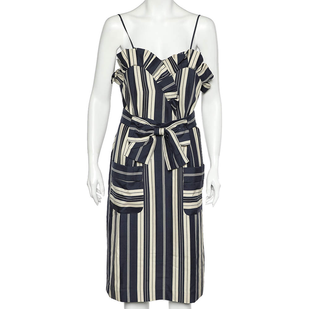 Pre Owned Chloe Navy Blue & Ecru Striped Silk Ruffled Belted Midi Dress L