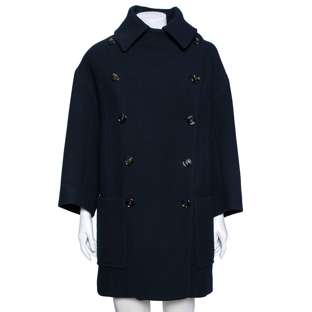 Pre Owned Chloe Navy Blue Wool Ribbed Collar Detailed Double Breasted Oversized Coat S