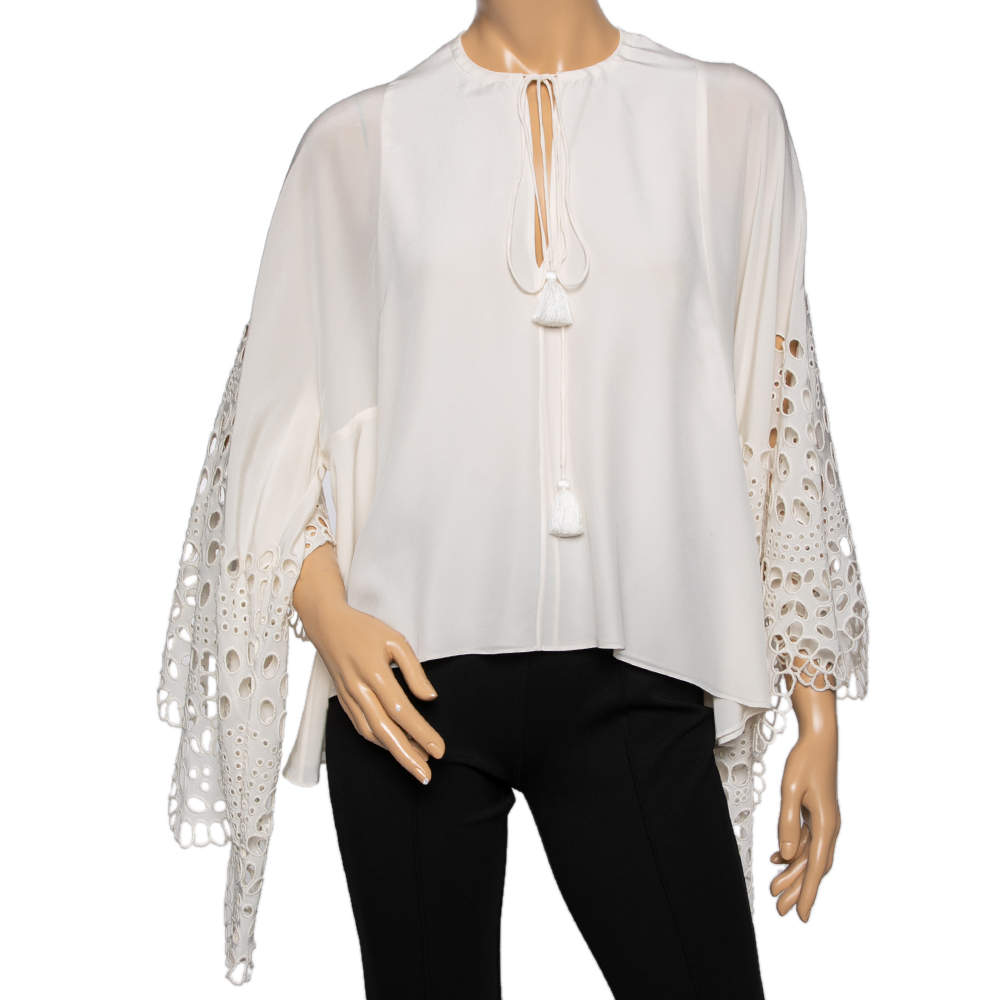 Pre Owned Chloe Off White Silk Eyelet Detailed Blouse S