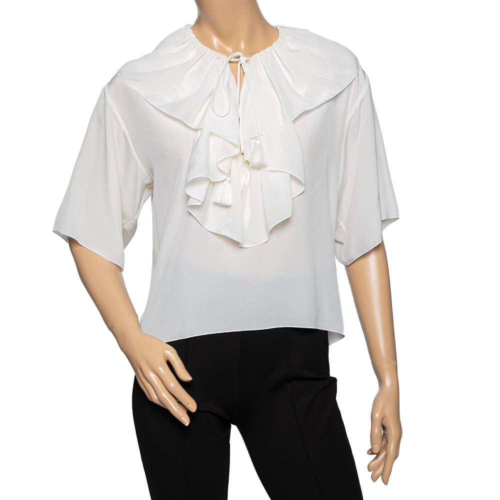 Pre Owned Chloe Off White Silk Ruffle Trimmed Neck Tie Detail Blouse S