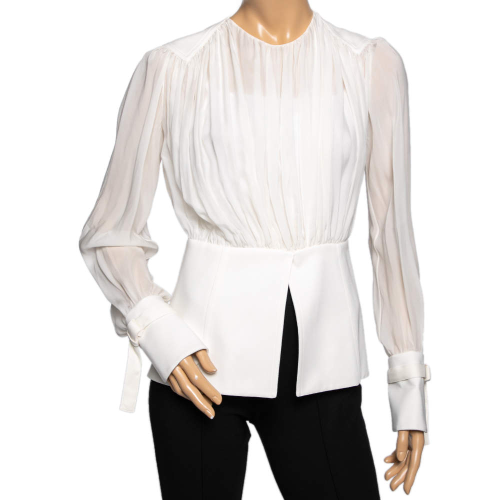 Pre Owned Chloe Dusky White Silk Ruched Long Sleeve Blouse S