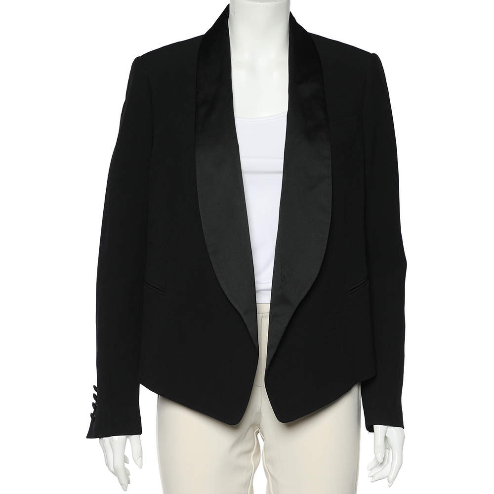 Pre Owned  بليزر كلوي مفتوح من الأمام بادج وشاح كريب أسود M