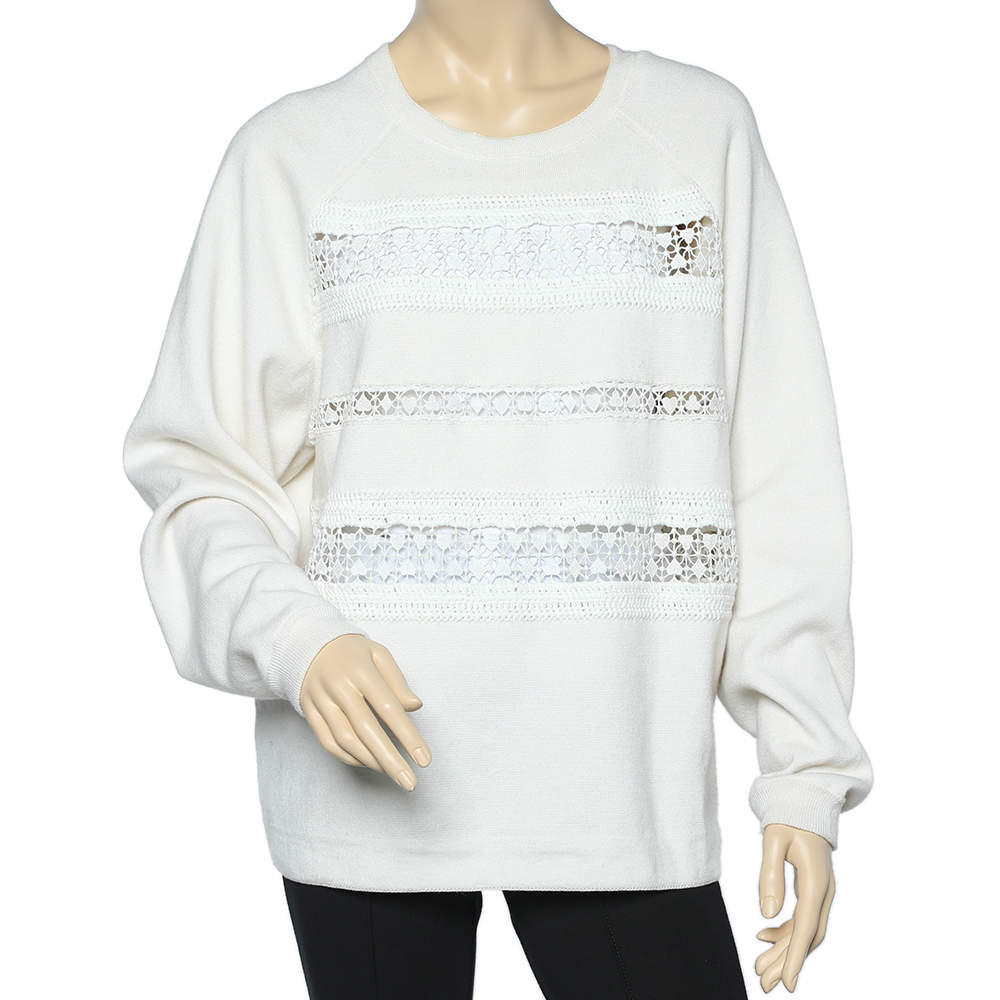 Pre Owned Chloe Cream Cashmere Knit & Lace Paneled Sweater L