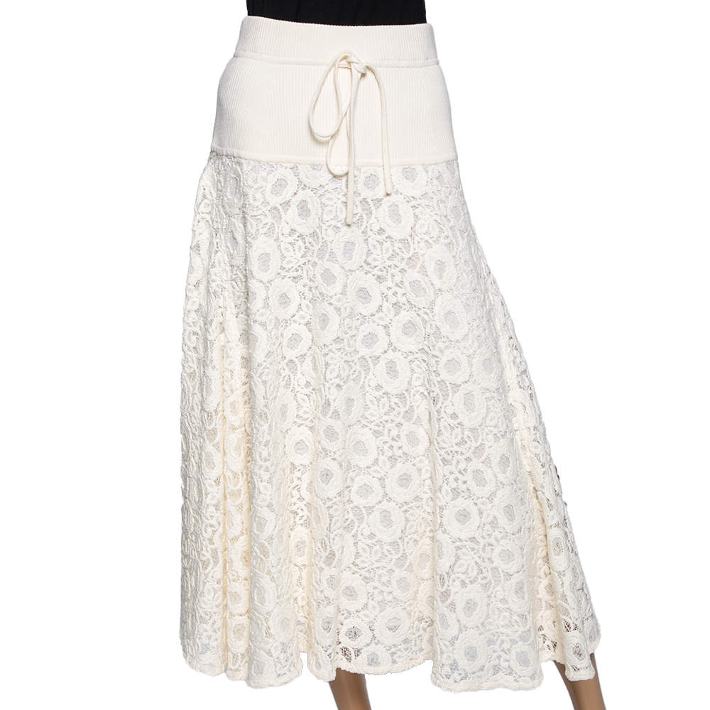 Pre Owned Chloe White Lace & Knit Midi Skirt M