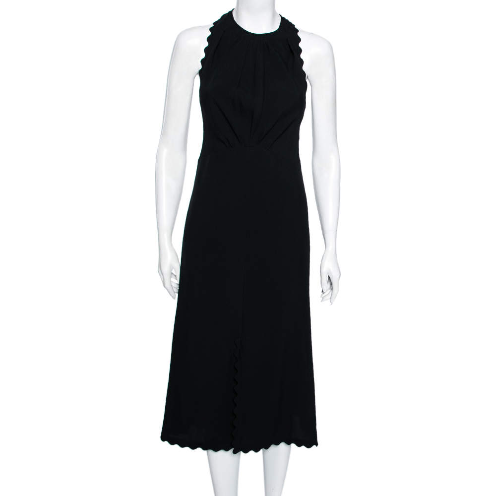 Pre Owned Chloe Black Crepe Scallop Detail Sleeveless Midi Dress S