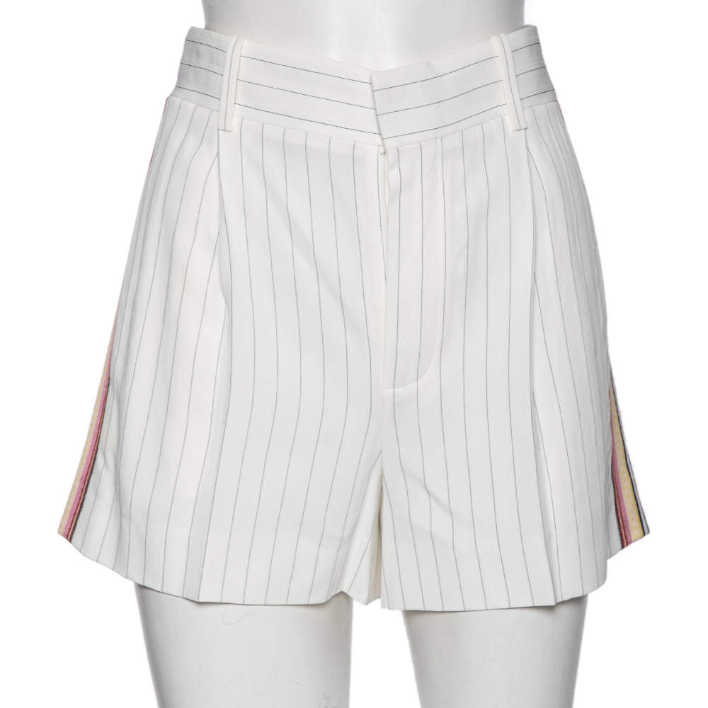 Chloe White Pinstriped Crepe Contrast Trimmed Shorts M