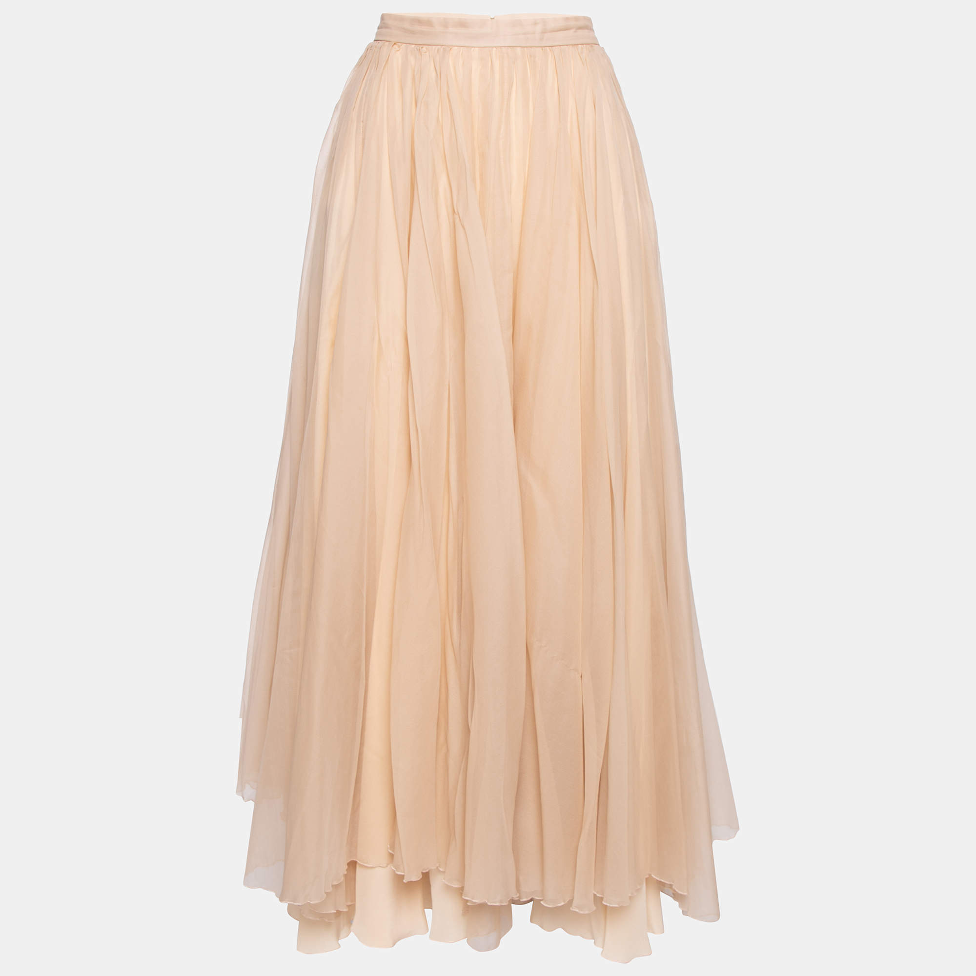 Pre Owned Chloe Peach Silk Tulle Midi Skirt M 