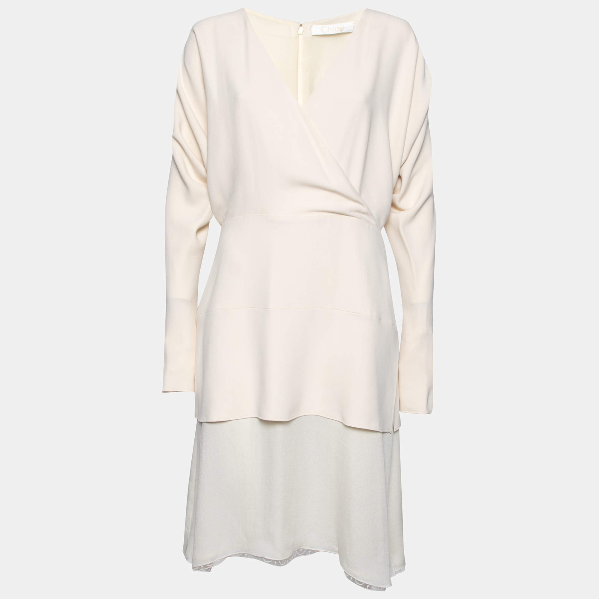 Pre Owned Chloe Cream Crepe & Chiffon Layered Sable Wrap Dress M