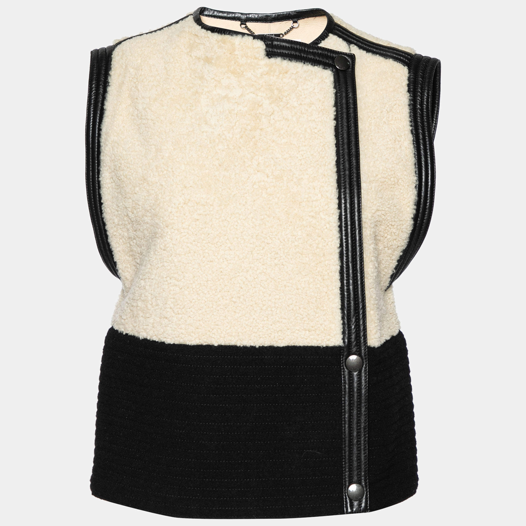 Pre Owned Chloe Cream Wool & Leather Trimmed Sleeveless Jacket M