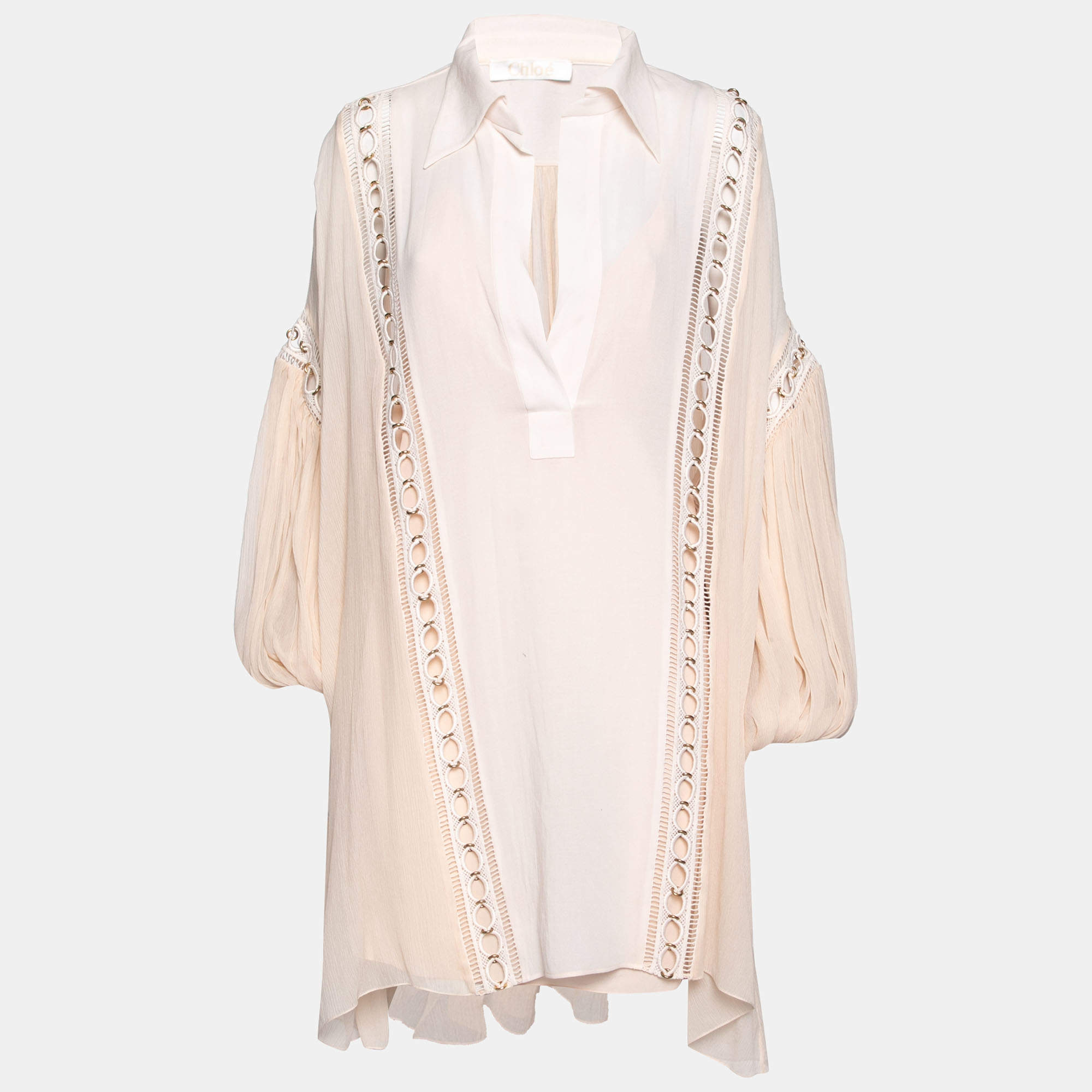 Pre Owned Chloe Powder Pink Silk Chiffon Lace Inset Oversized Short Dress M