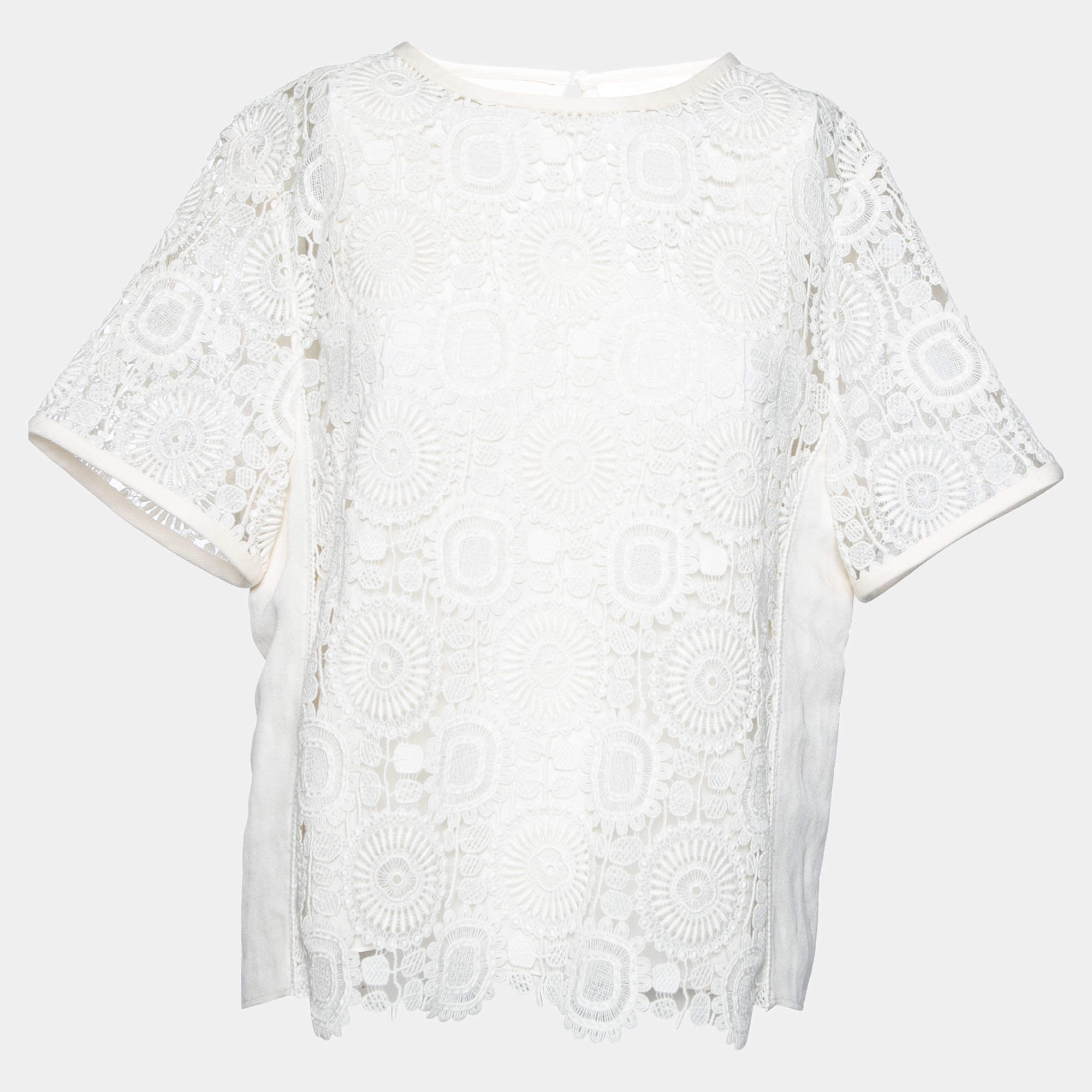 Chloe White Cotton Lace Crew Neck Top L
