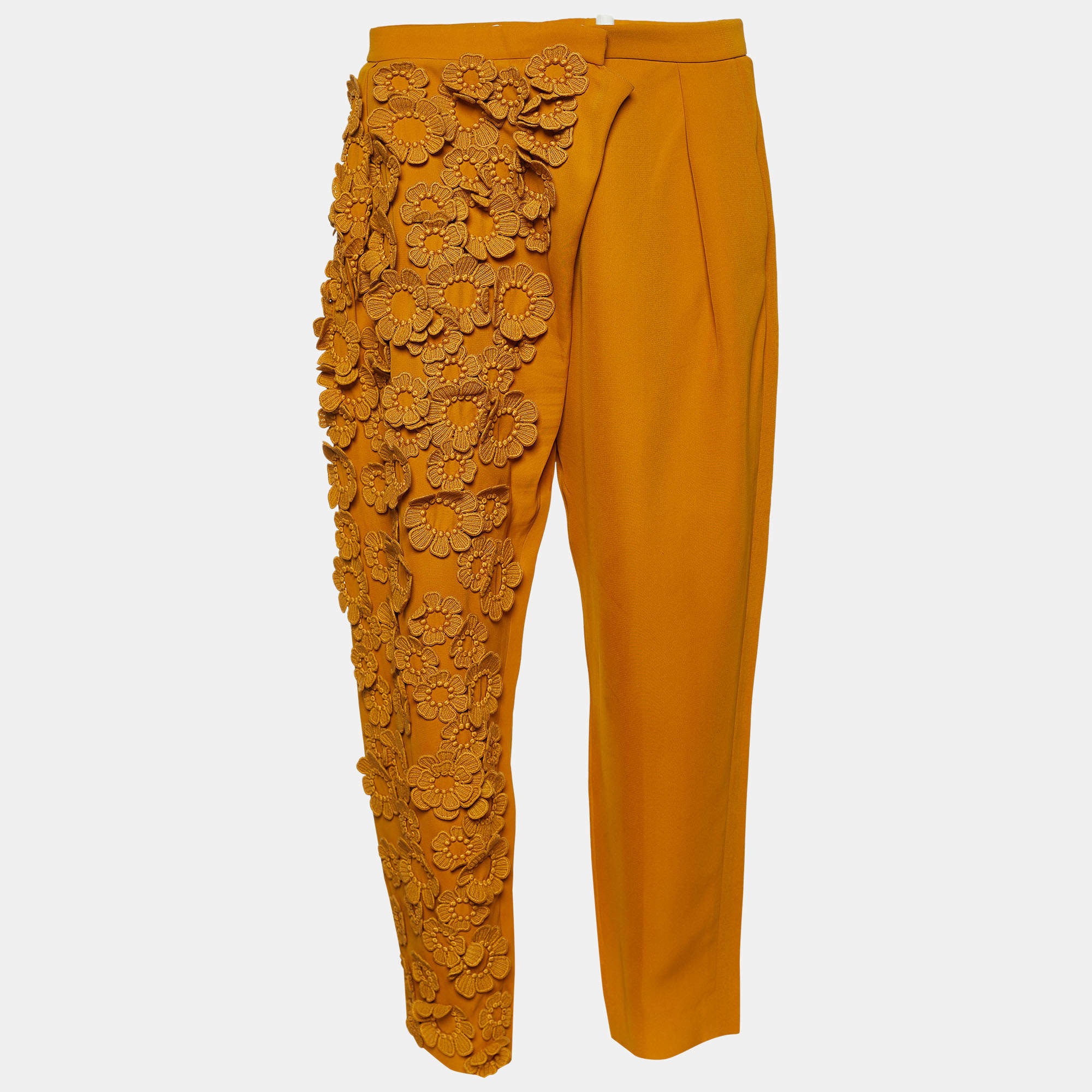 Chloé Orange Crepe Silk Floral Applique Trousers Waist: 31"