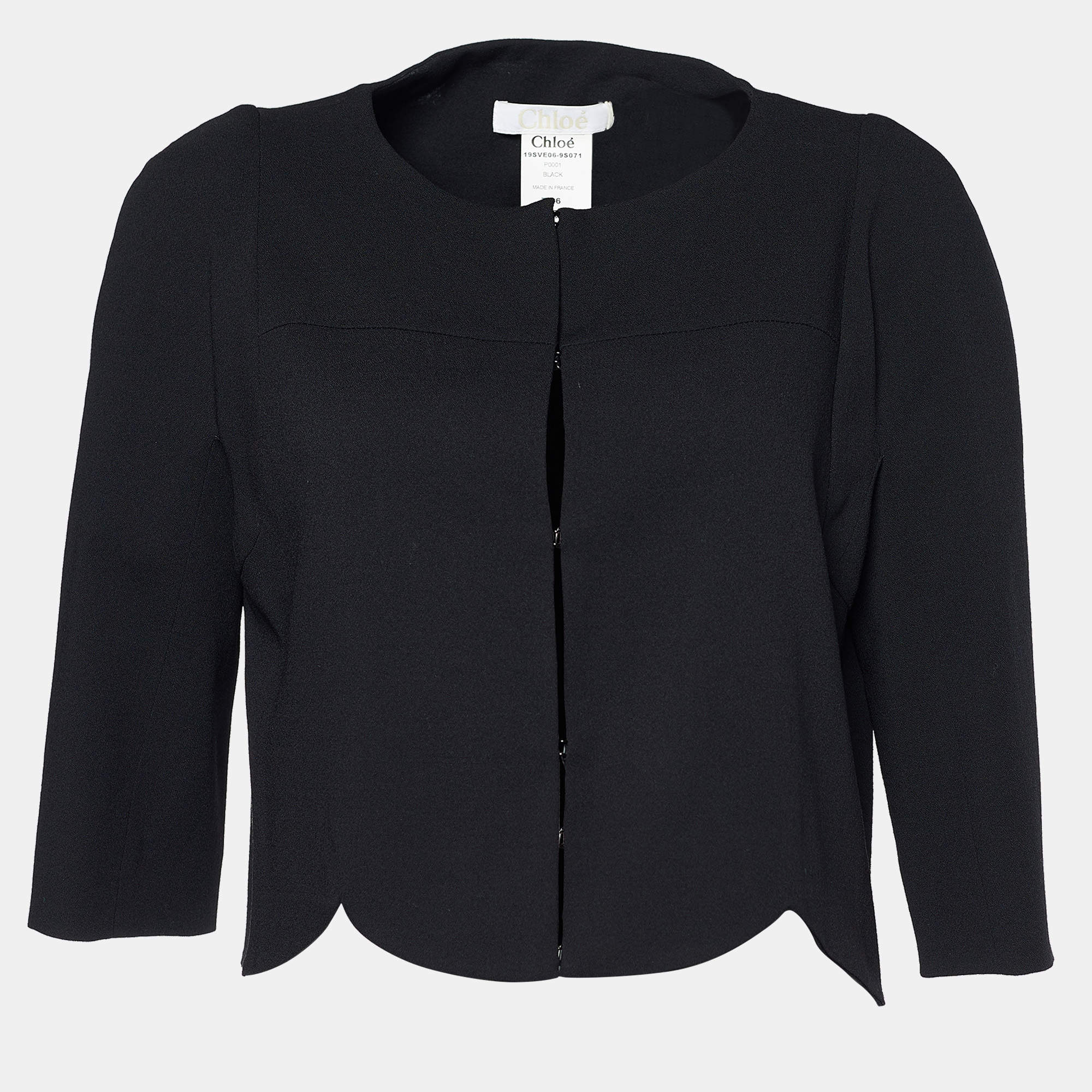 Pre Owned Chloe Black Crepe Wool Scalloped Crop Jacket S