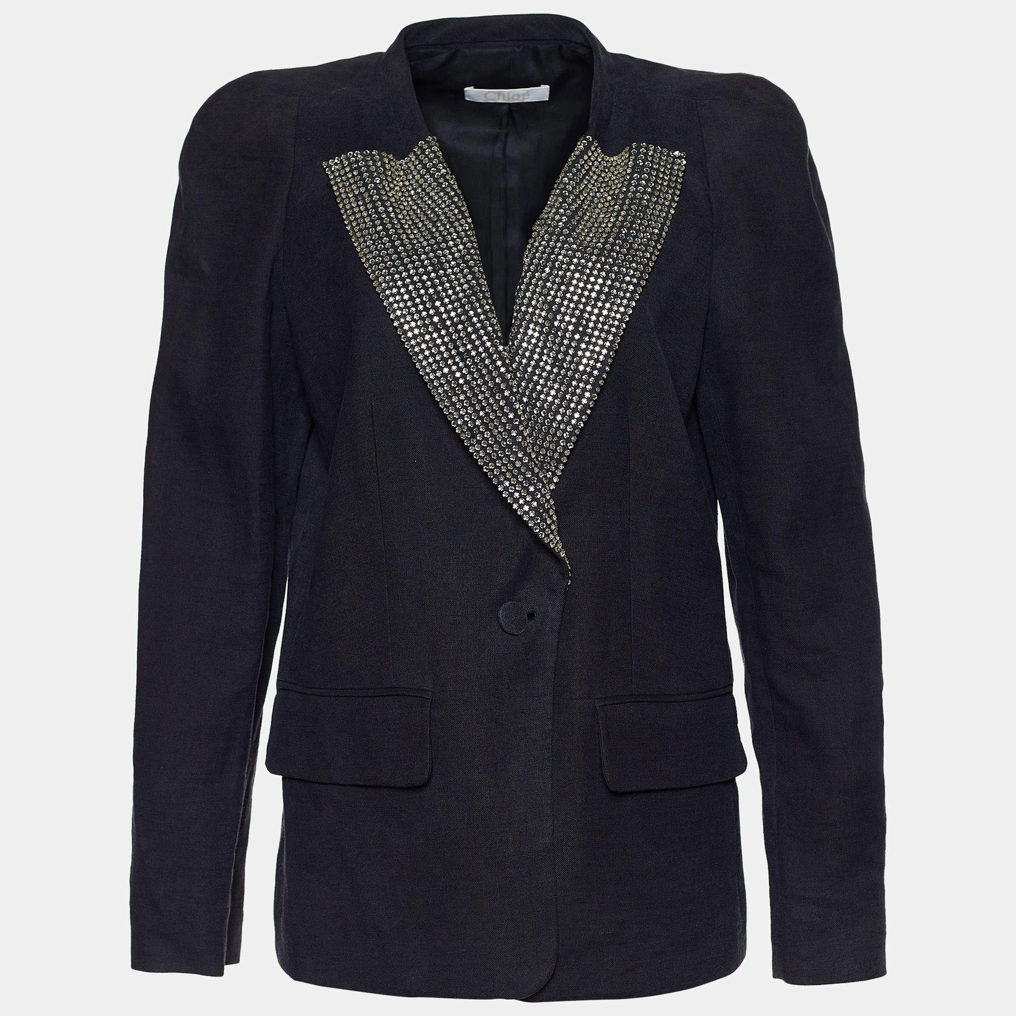 Pre Owned Chloe Grey Linen Blend Crystal Embellished Collar Blazer L