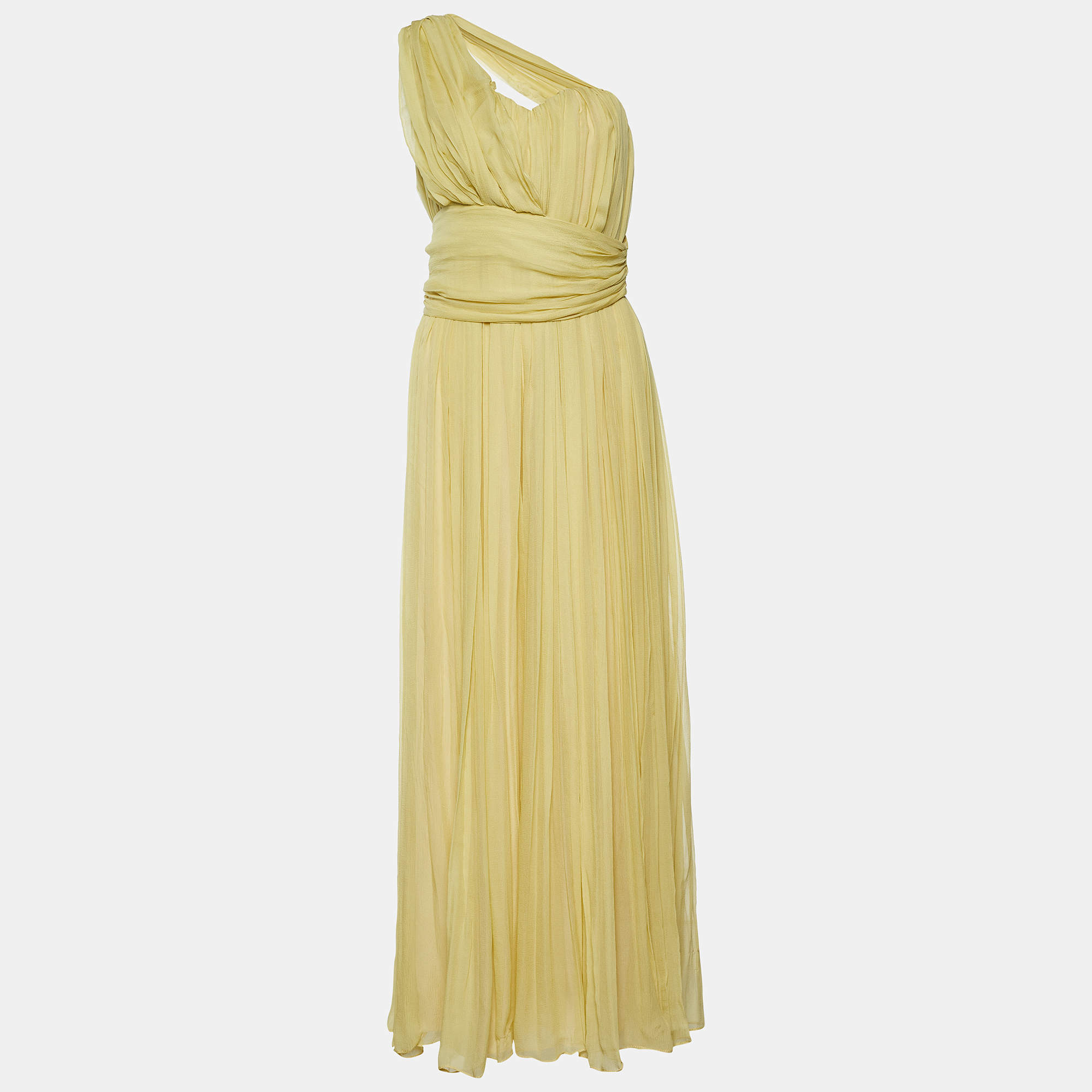 Pre Owned Chloe Yellow Georgette Pleated One Shoulder Dress L