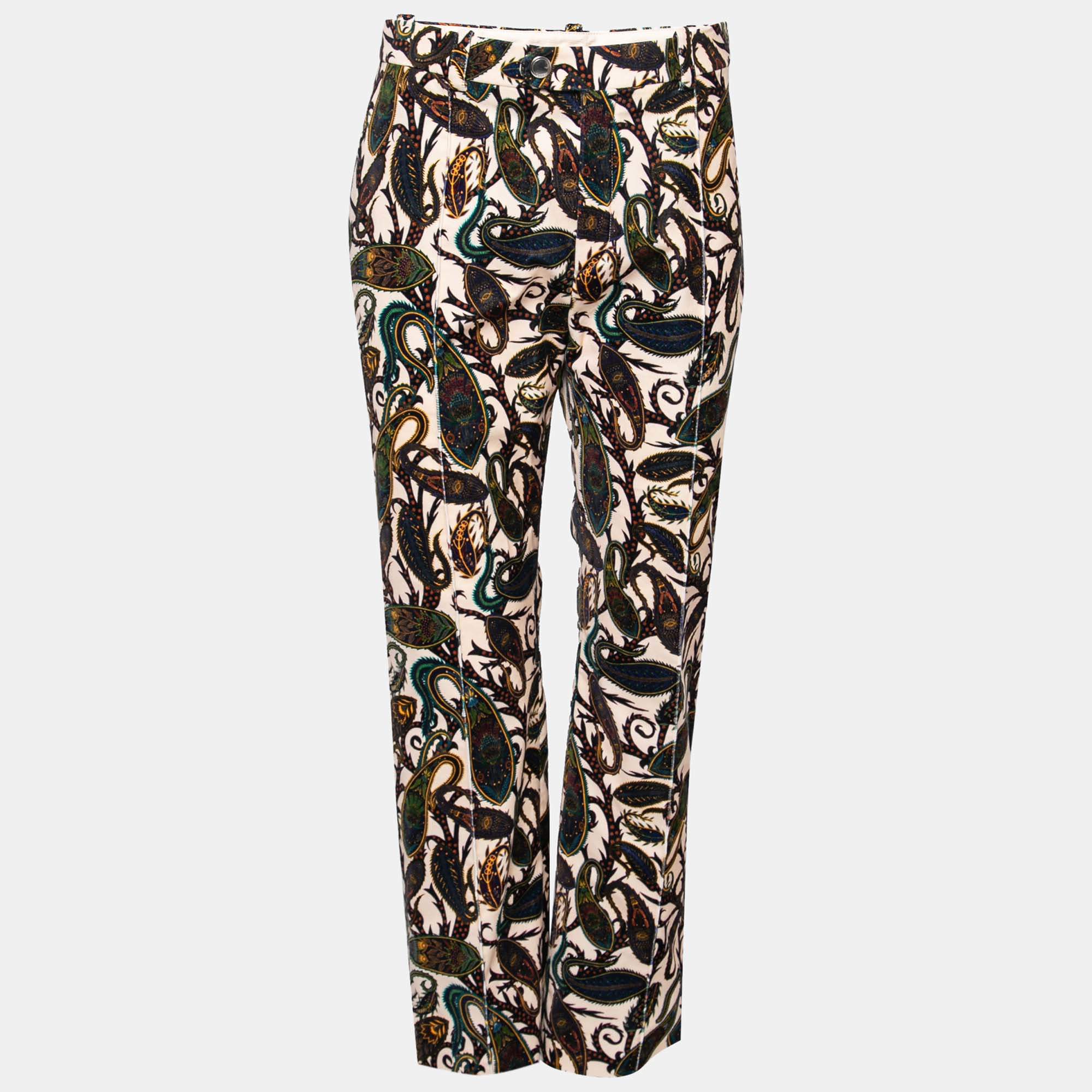 Pre Owned Chloe Beige Paisley Print Velvet Classic Straight Trousers M Waist 29" 