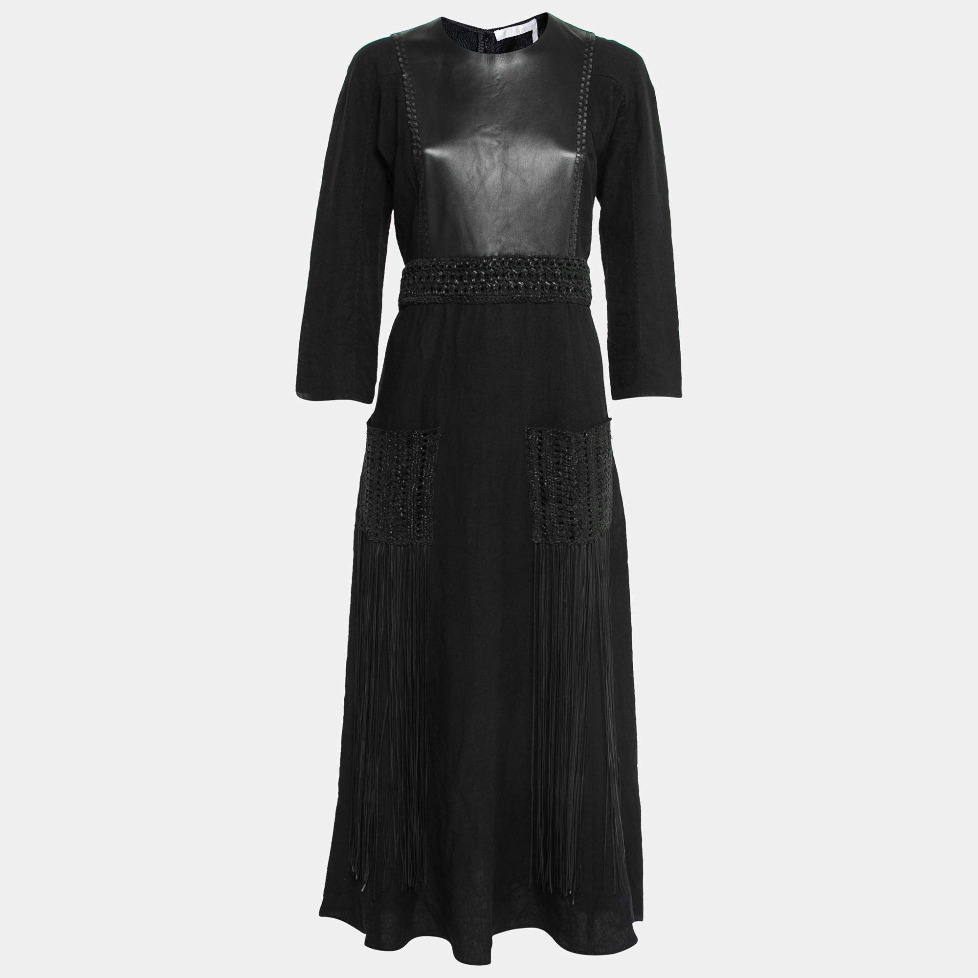 Pre Owned Chloe Black Linen Crochet Trim Long Sleeve Fringed Dress M