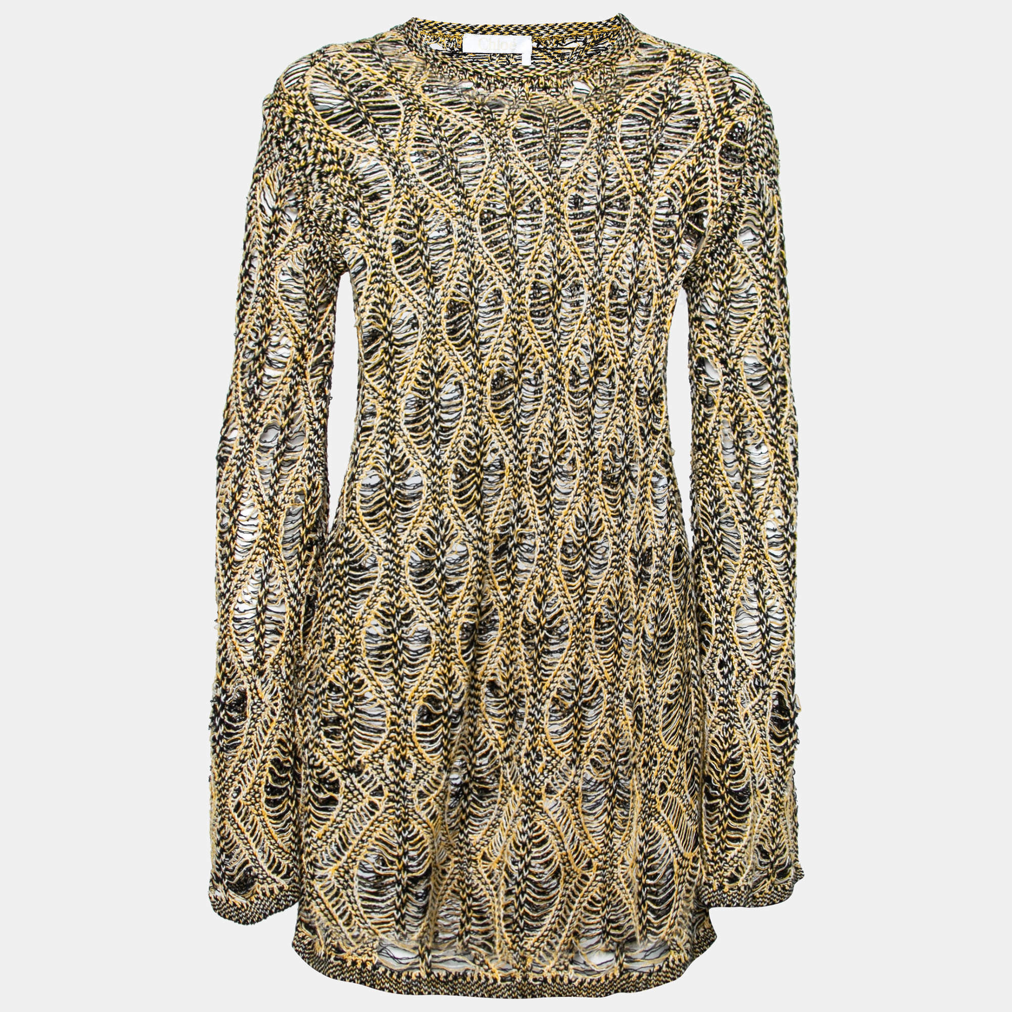 Pre Owned Chloe Yellow & Black Patterned Linen & Silk Knit Long Sleeve Top XS