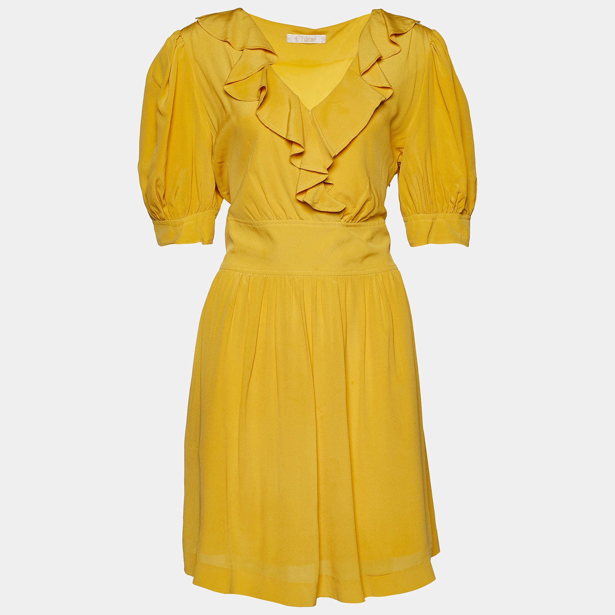 Pre Owned Chloe Yellow Silk Ruffled Neck Knee-Length Dress L