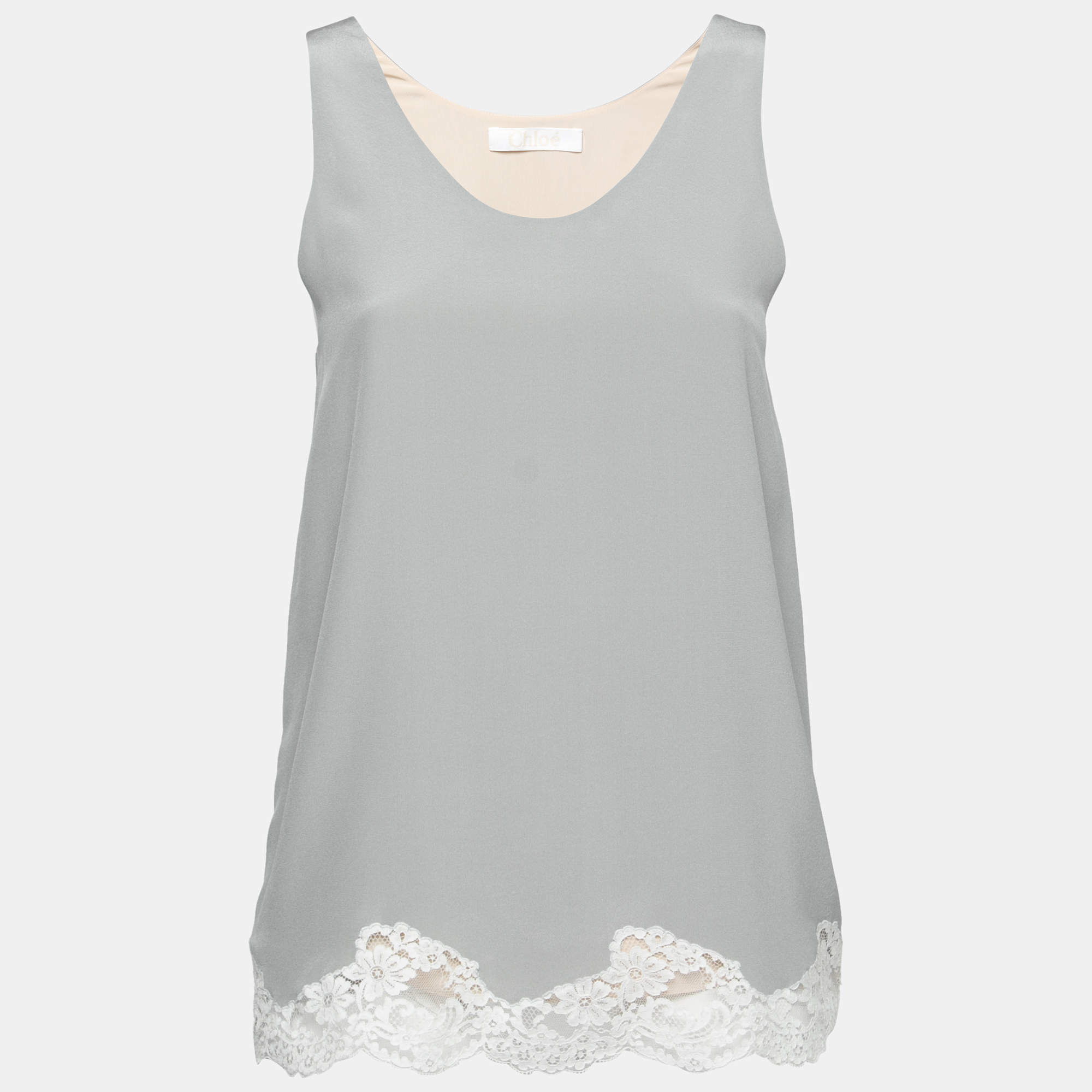 Pre Owned Chloe Grey Silk Chiffon Lace Trimmed Sleeveless Top S