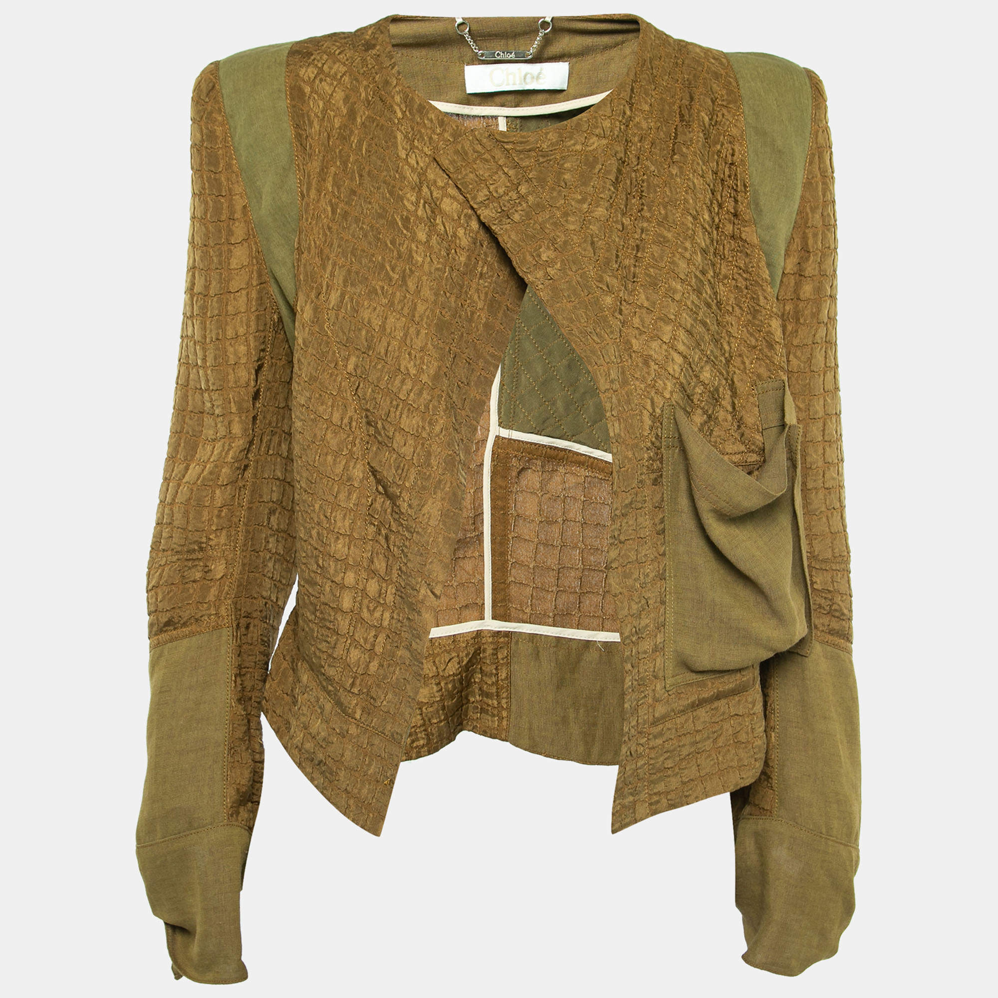 Pre Owned Chloe Olive Green Textured Silk & Linen Open Jacket L  