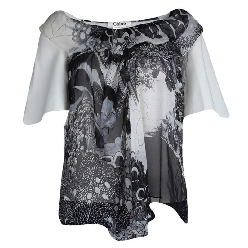 Pre Owned Chloe Monochrome Printed Sheer Chiffon Short Sleeve Blouse S