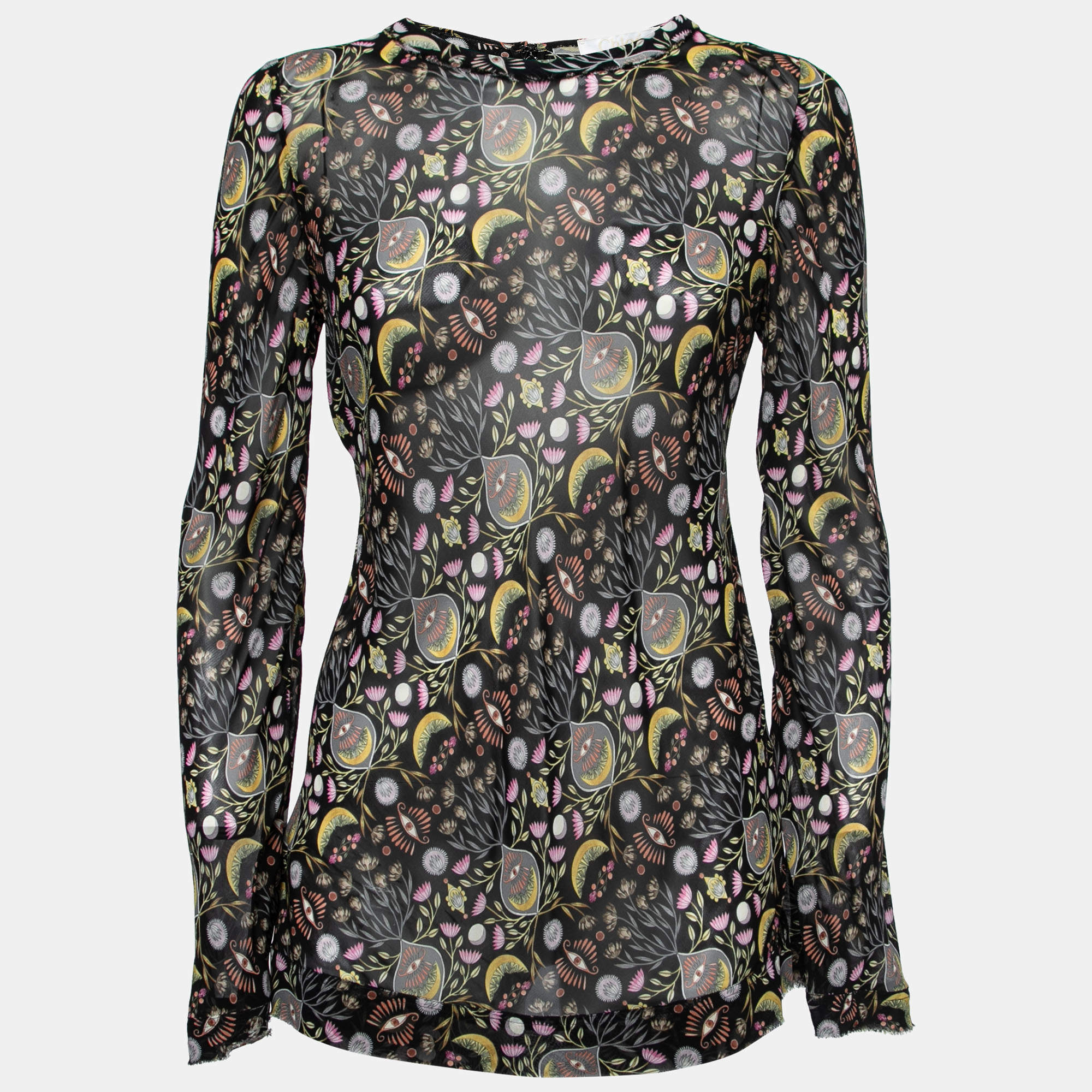 Chloe Black Floral Printed Crepe Long-Sleeve Top M   