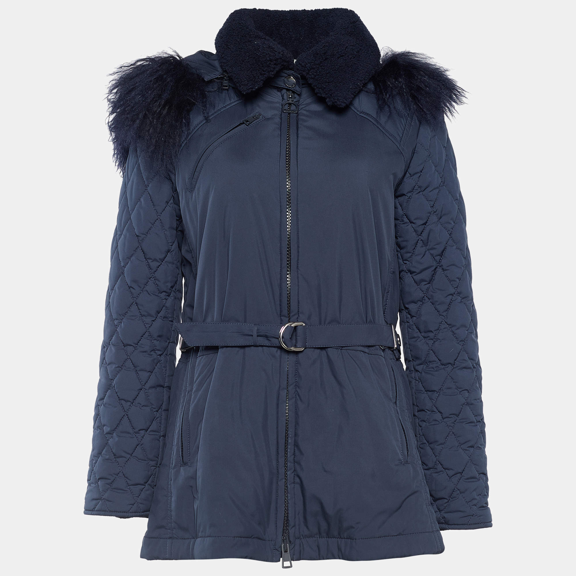 Pre Owned Chloe Dark Navy Synthetic Detachable Fur Hoodie Puffer Coat M
