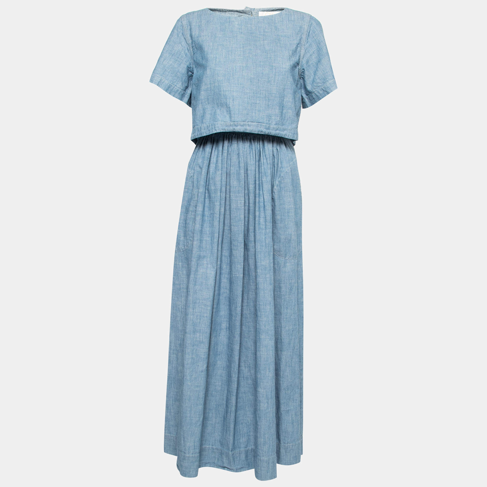 Pre Owned Chloe Blue Chambray Overlay Detailed Short Sleeve Maxi Dress M