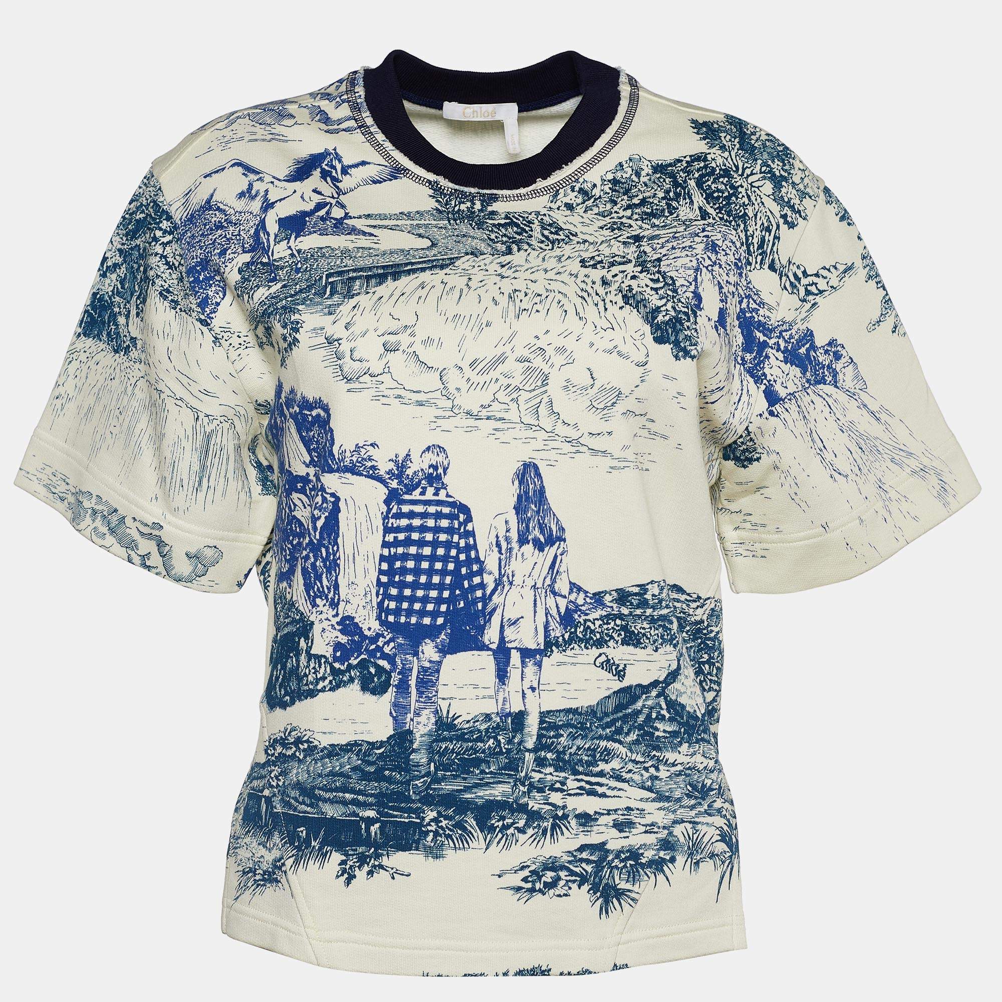 Pre Owned Chloe Off-White and Indigo Terry Knit Toile De Jouy T-Shirt XS