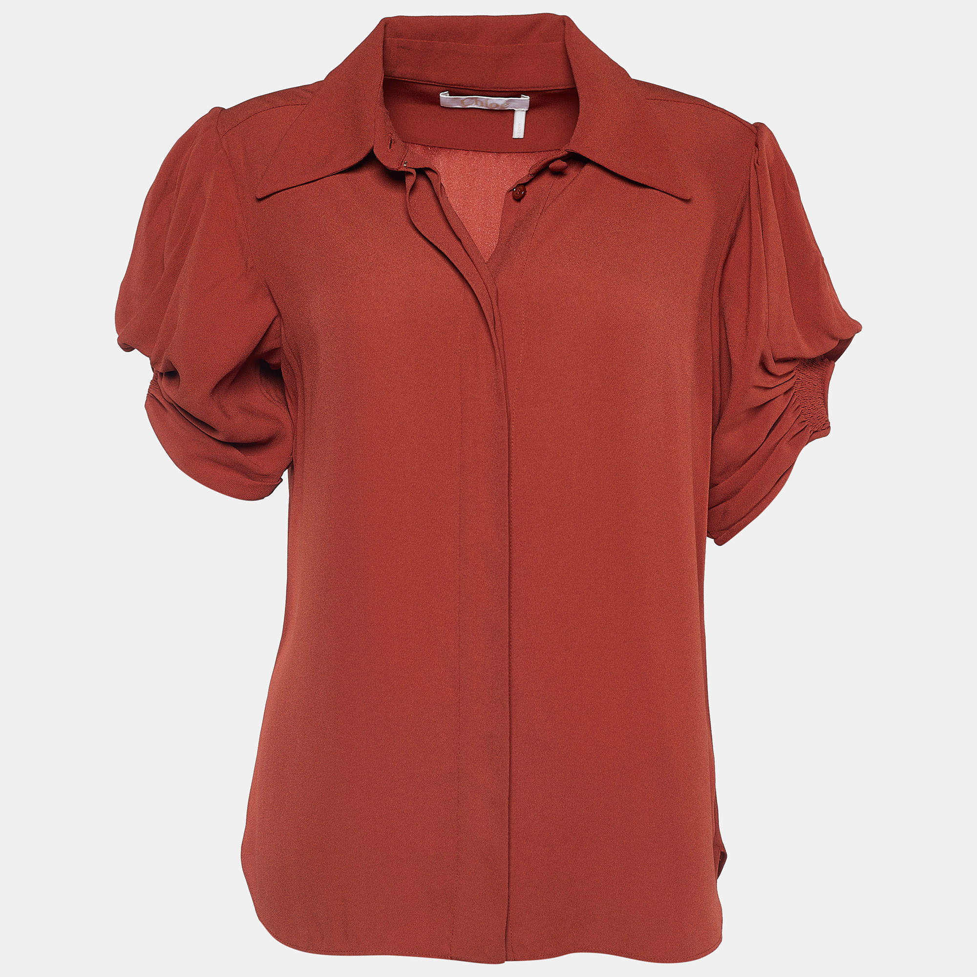 مملوكة مسبقًا Chloé Brown Crepe Ruched Sleeve Blouse S
