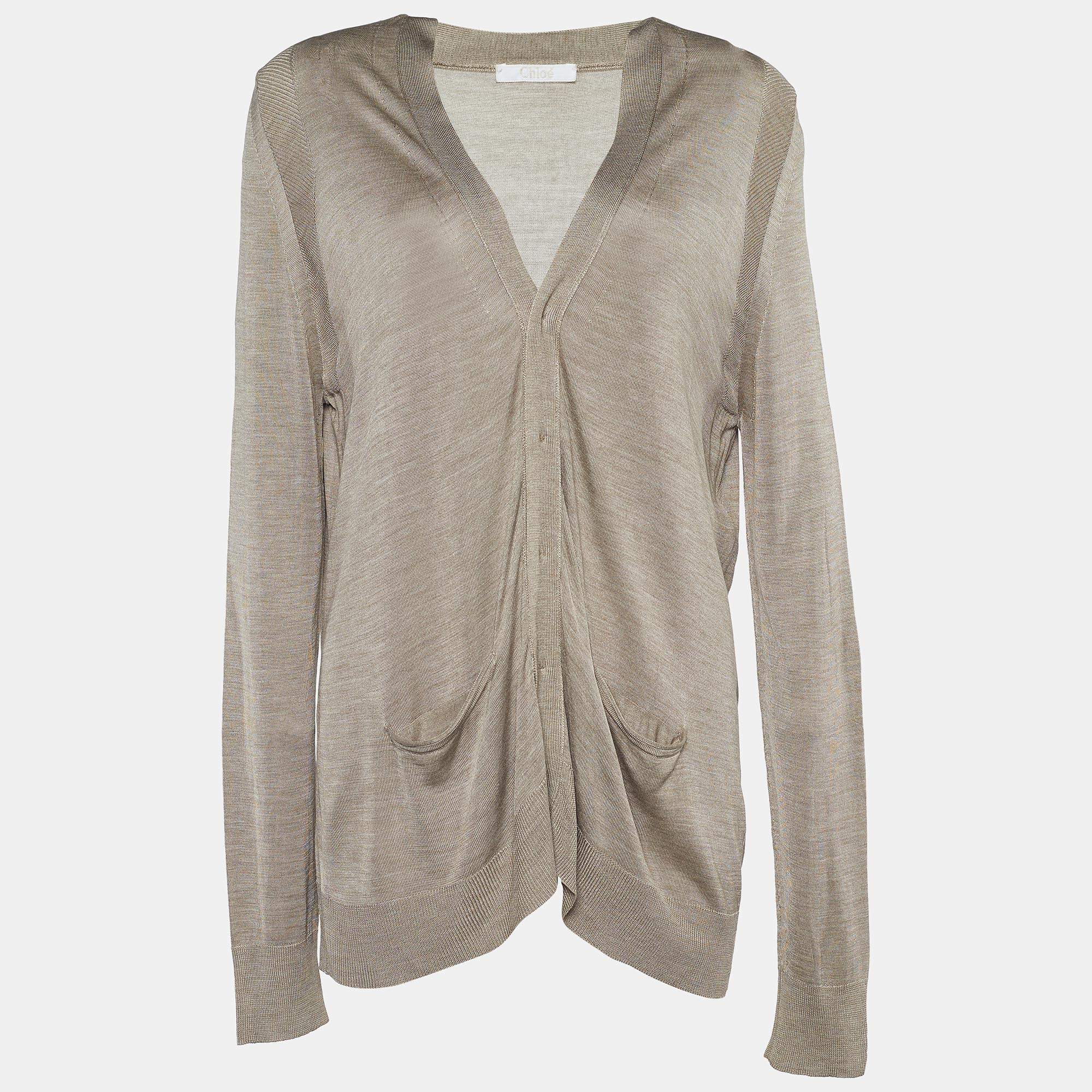 Pre Owned Chloé Beige Gris Silk Knit Concealed Button Cardigan M