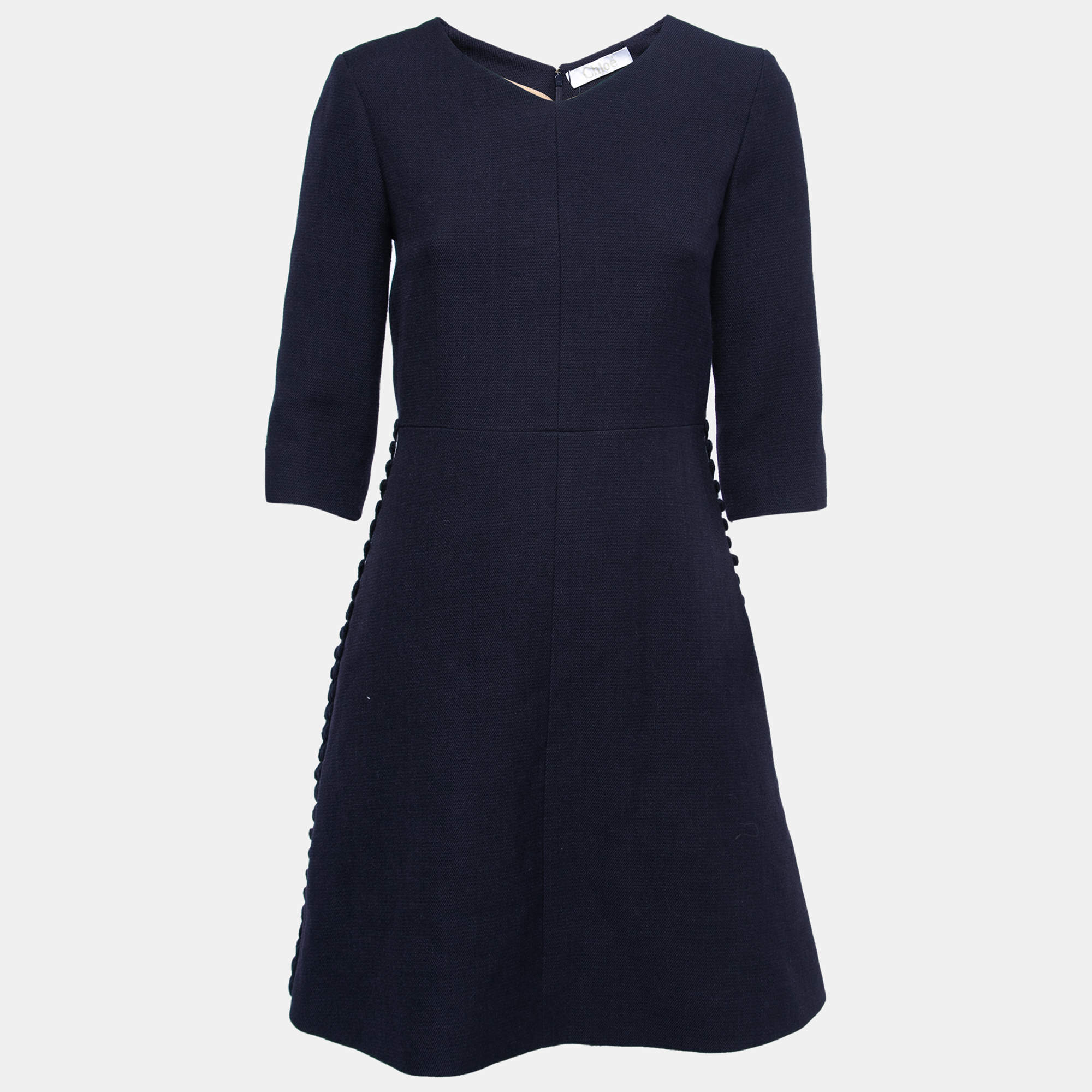 Chloé Navy Blue Wool Flared Dress M