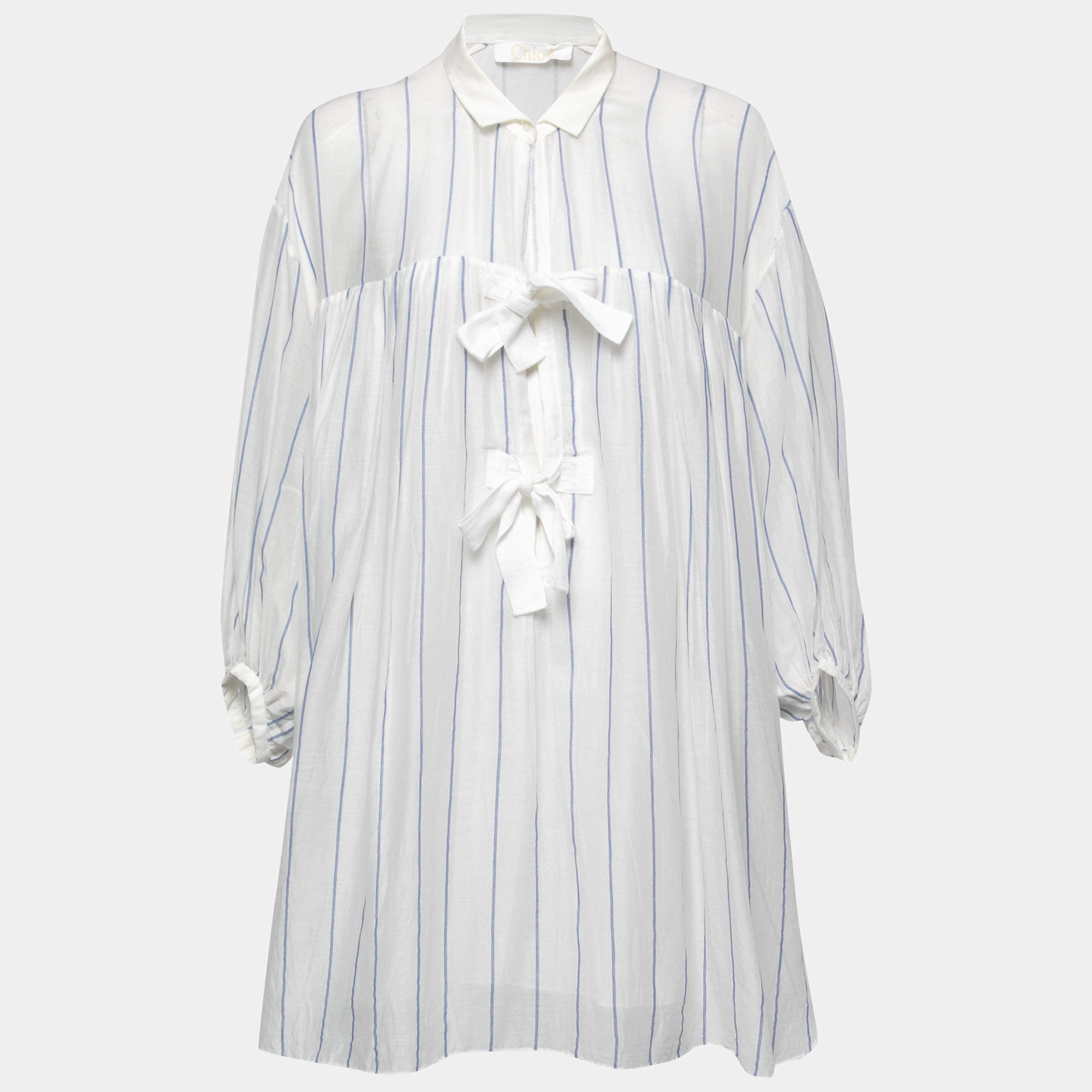 Pre Owned Chloe White & Blue Striped Cotton Tunic M