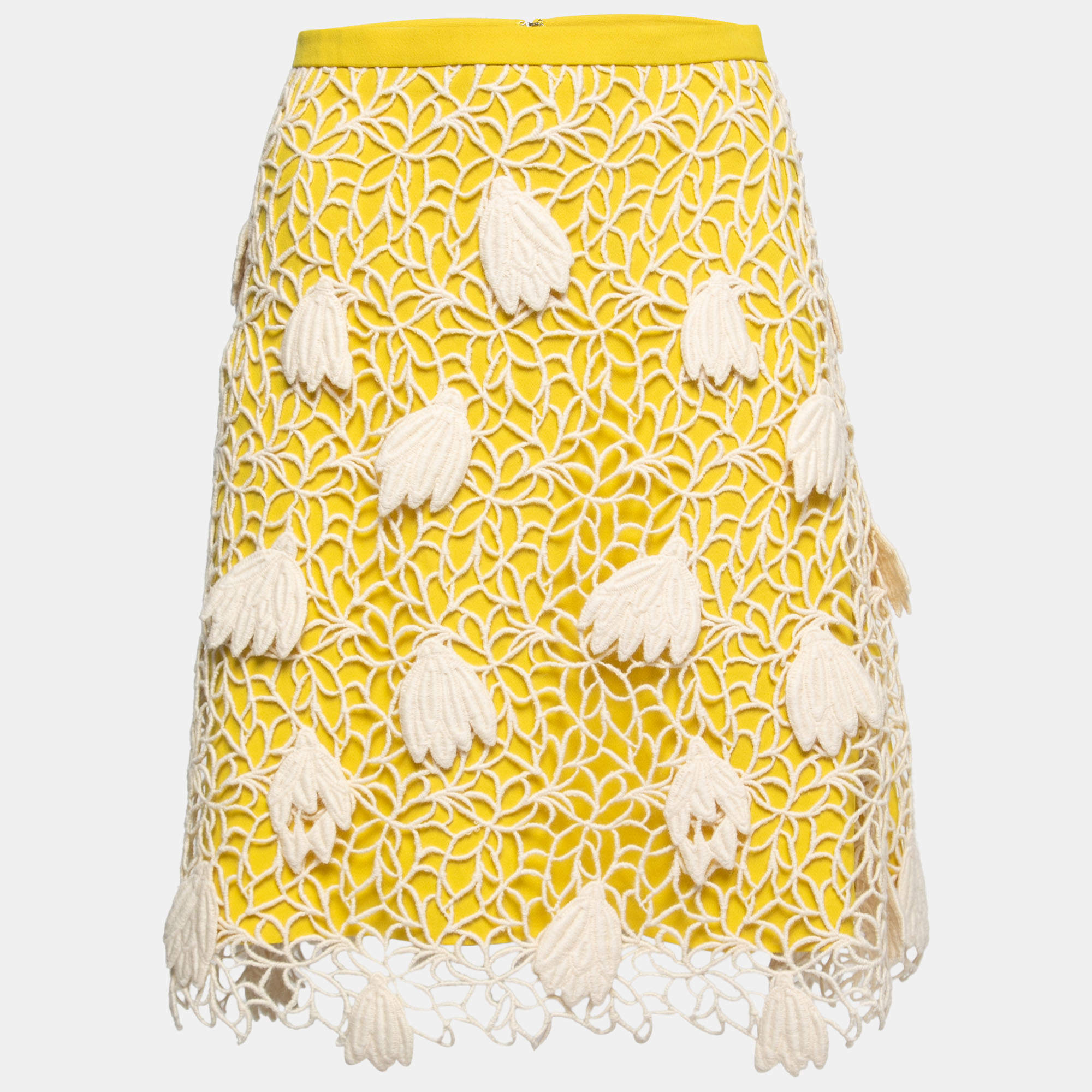 Pre Owned Chloe Yellow Crepe & Lace Overlay Mini Skirt S