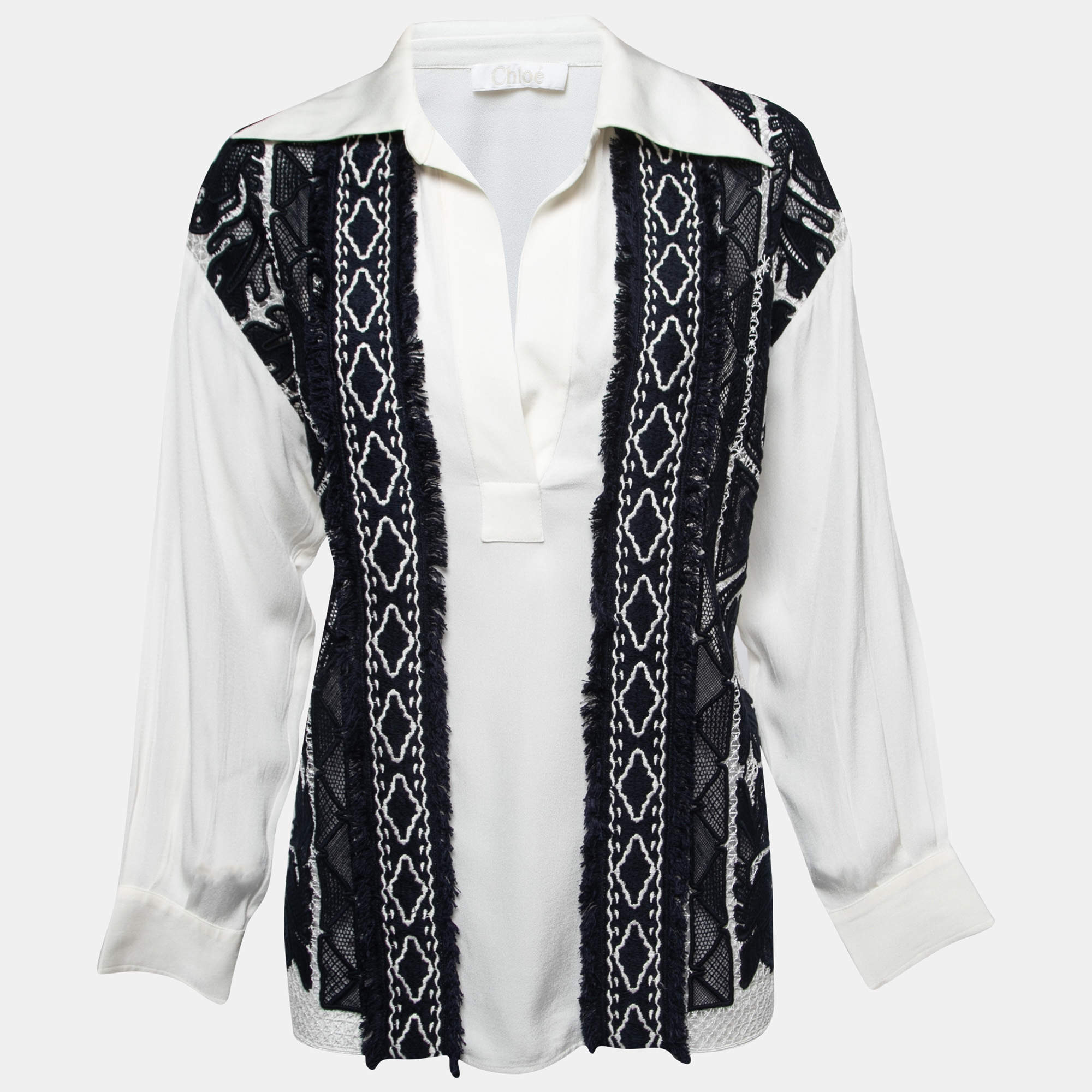 Pre Owned Chloe White & Navy Blue Embroidered Inset Crepe Tunic S